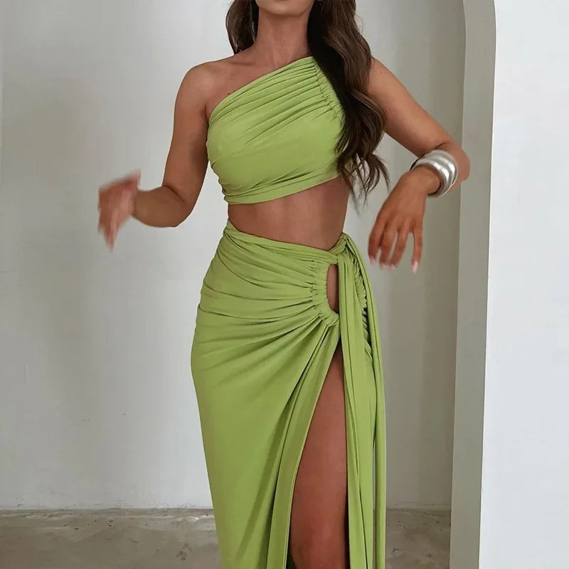 One Shoulder Ruched Crop Top and Cut Out High Split Maxi Skirt Two Piece Set