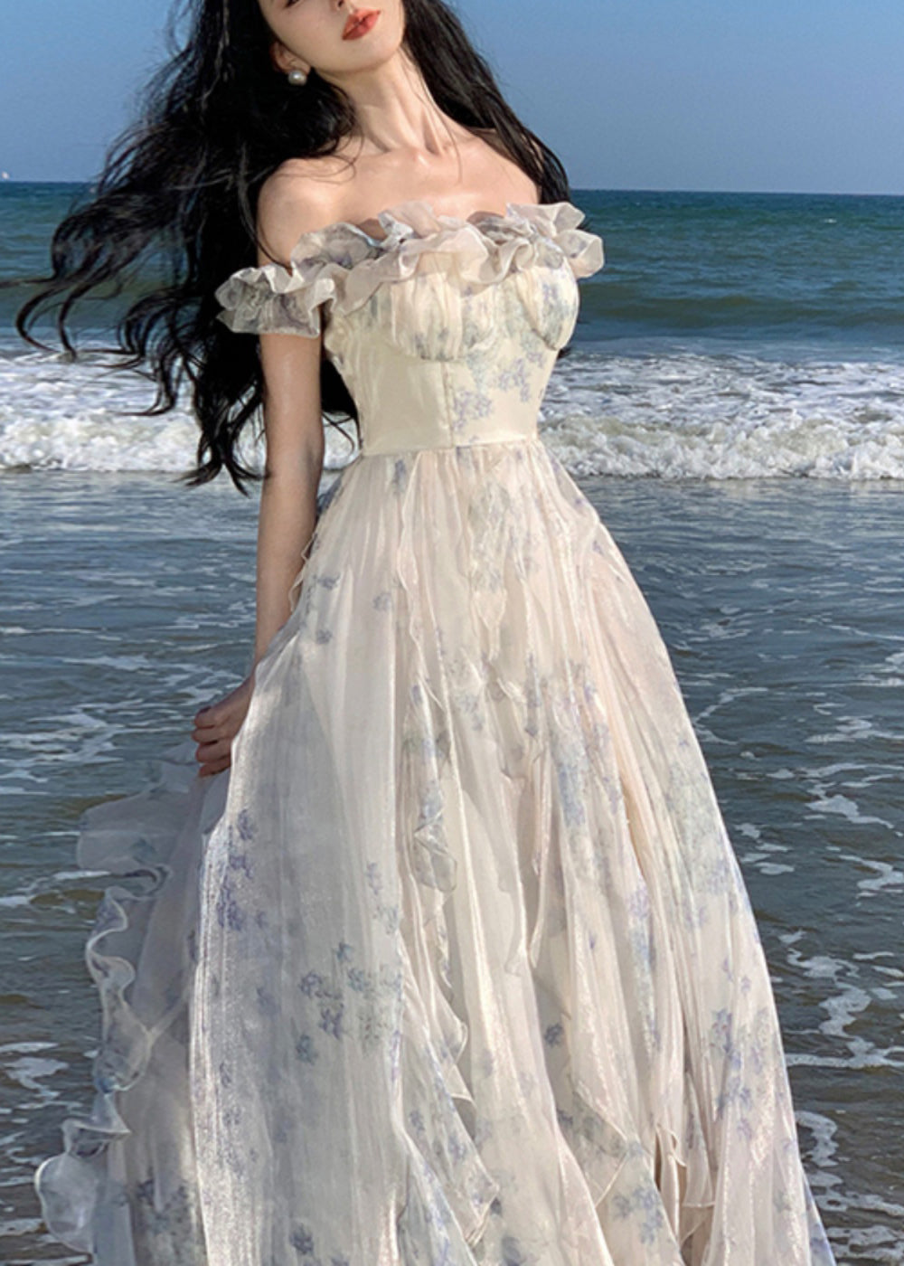 Fashion Ruffled Print Patchwork Chiffon Long Dresses Summer 3