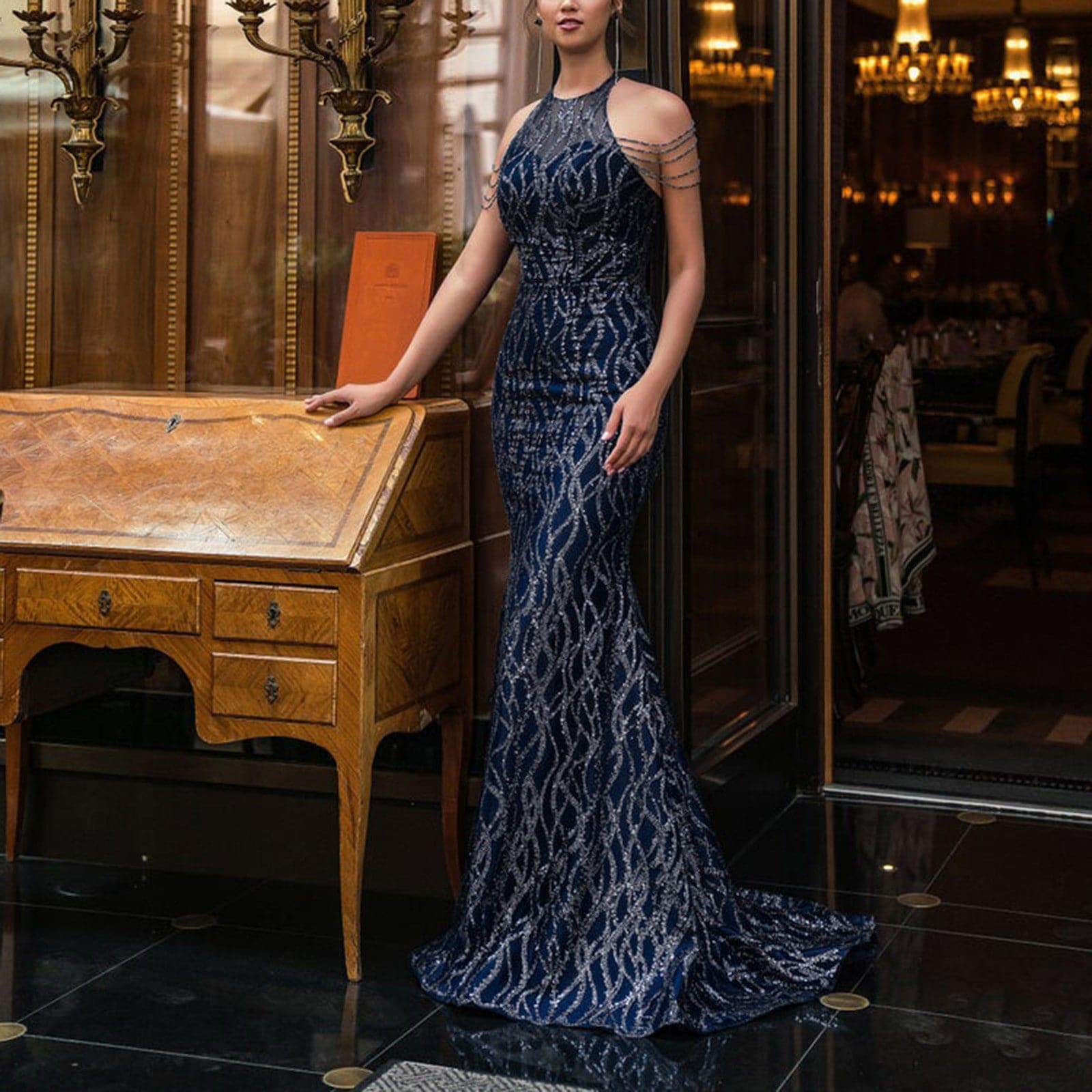 Sequin Halter Neck Beaded Sleeveless Mermaid Evening Gown