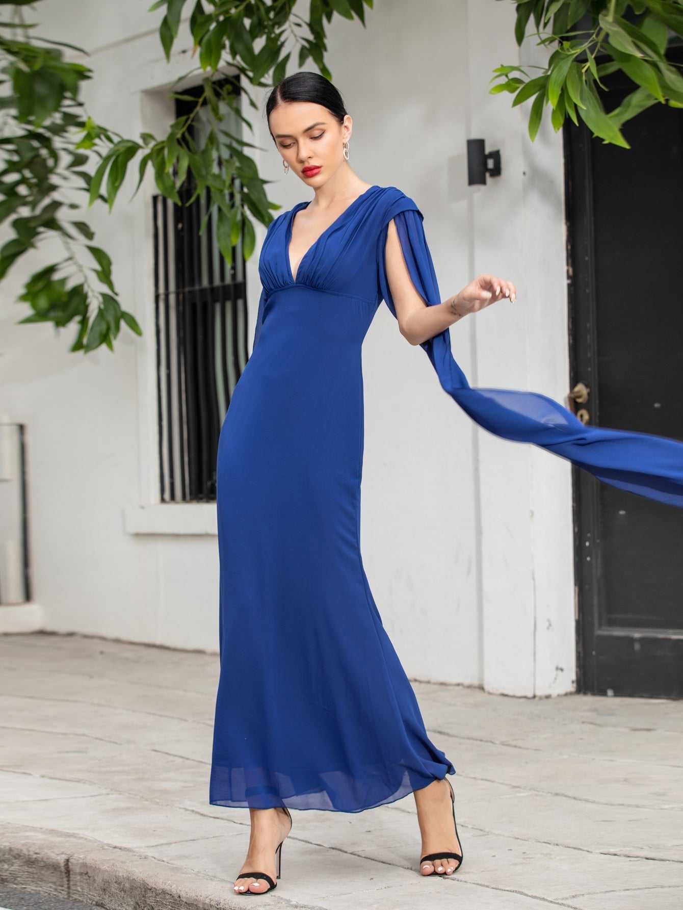 Deep V-Neck Empire Waist Sheer Cape Back Column Maxi Gown