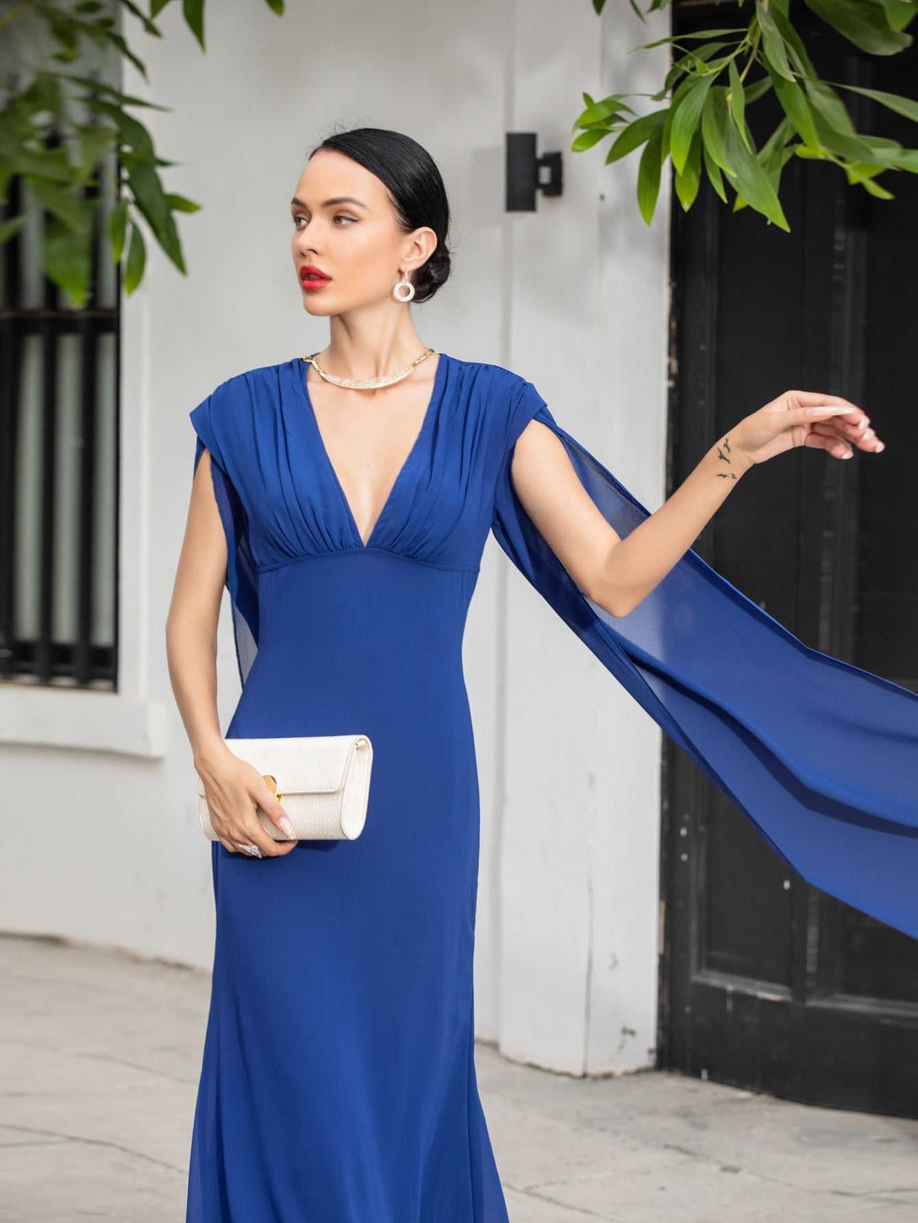 Deep V-Neck Empire Waist Sheer Cape Back Column Maxi Gown