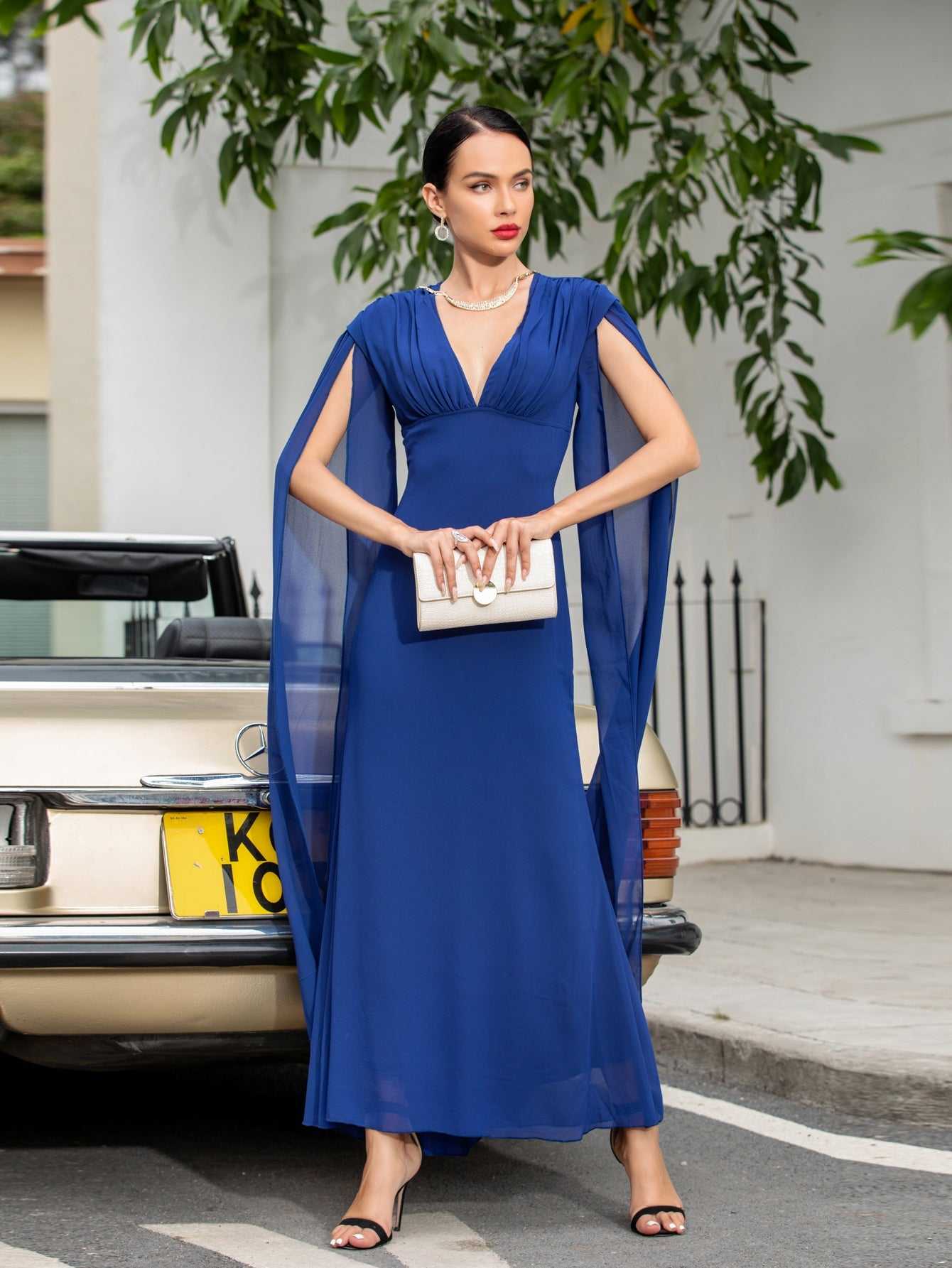 Deep V-Neck Empire Waist Sheer Cape Back Column Maxi Gown