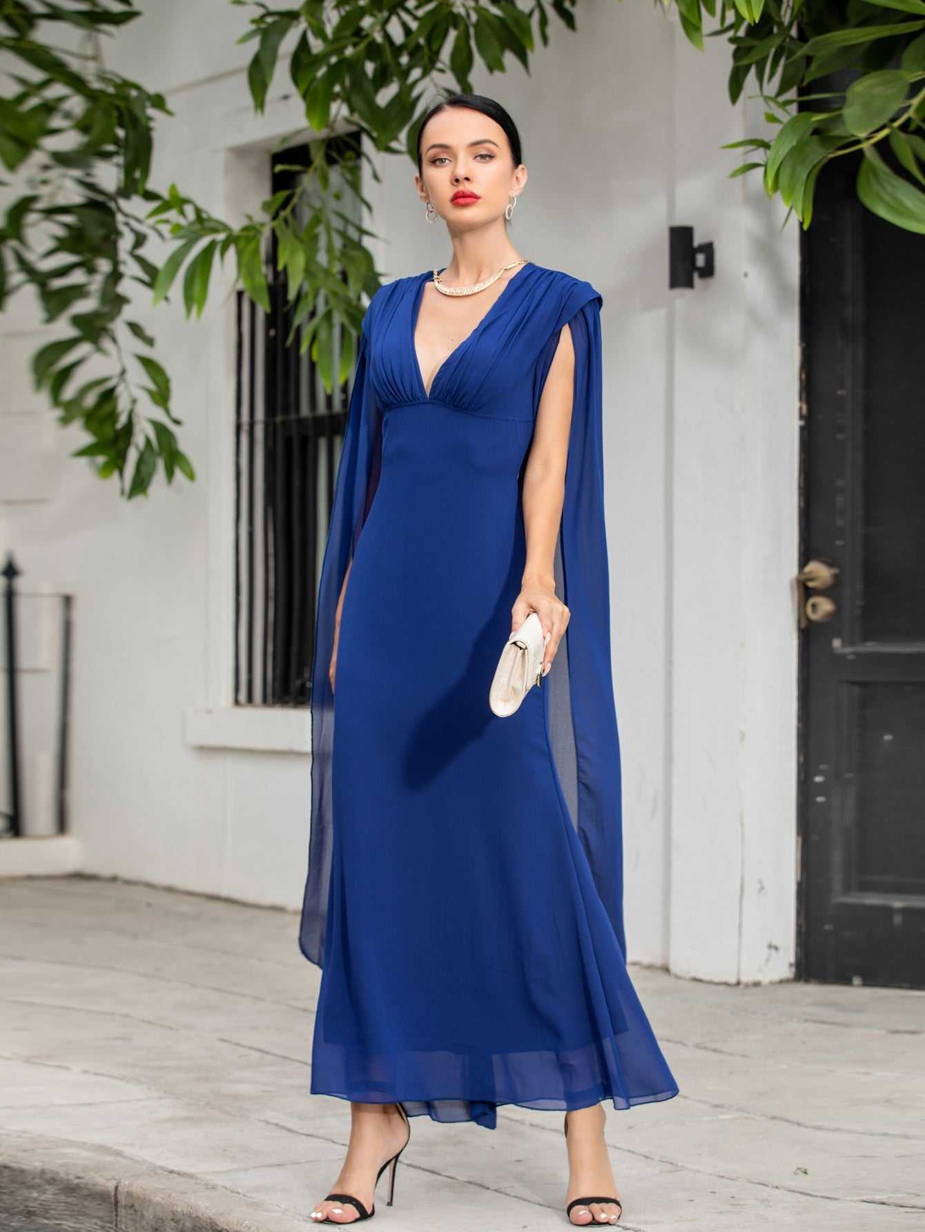 Deep V-Neck Empire Waist Sheer Cape Back Column Maxi Gown