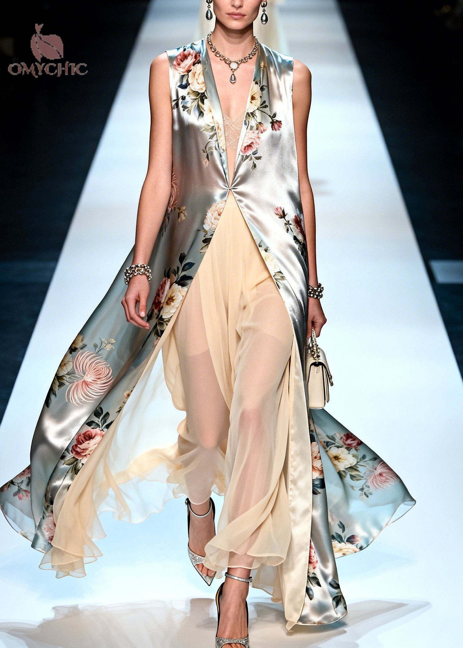 Floral Print Sleeveless V-Neck Long Coat and Wide Leg Pants Set
