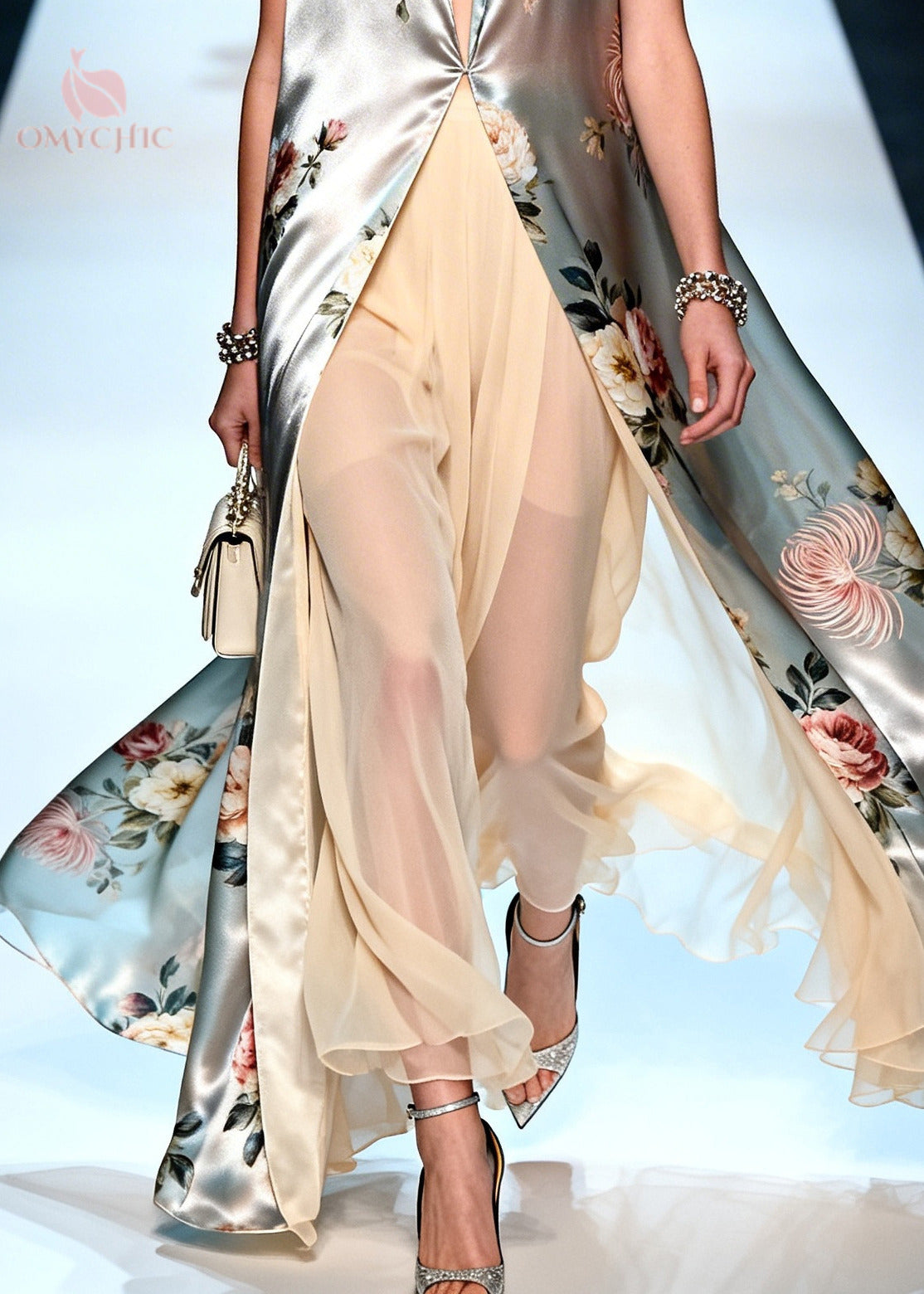 Floral Print Sleeveless V-Neck Long Coat and Wide Leg Pants Set