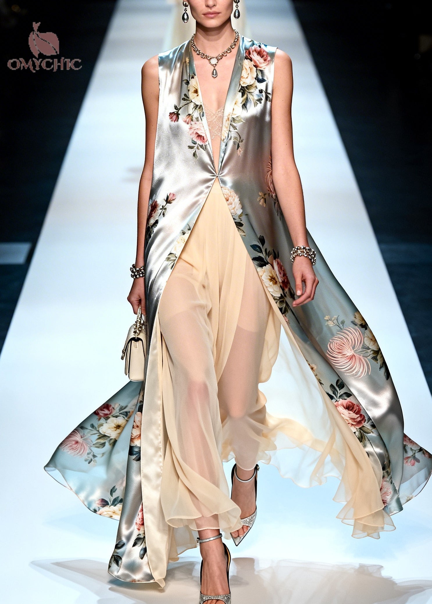 Floral Print Sleeveless V-Neck Long Coat and Wide Leg Pants Set