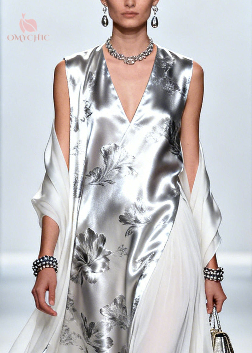 Metallic Floral Print Sleeveless V-Neck Sheer Drape Panel Maxi Gown