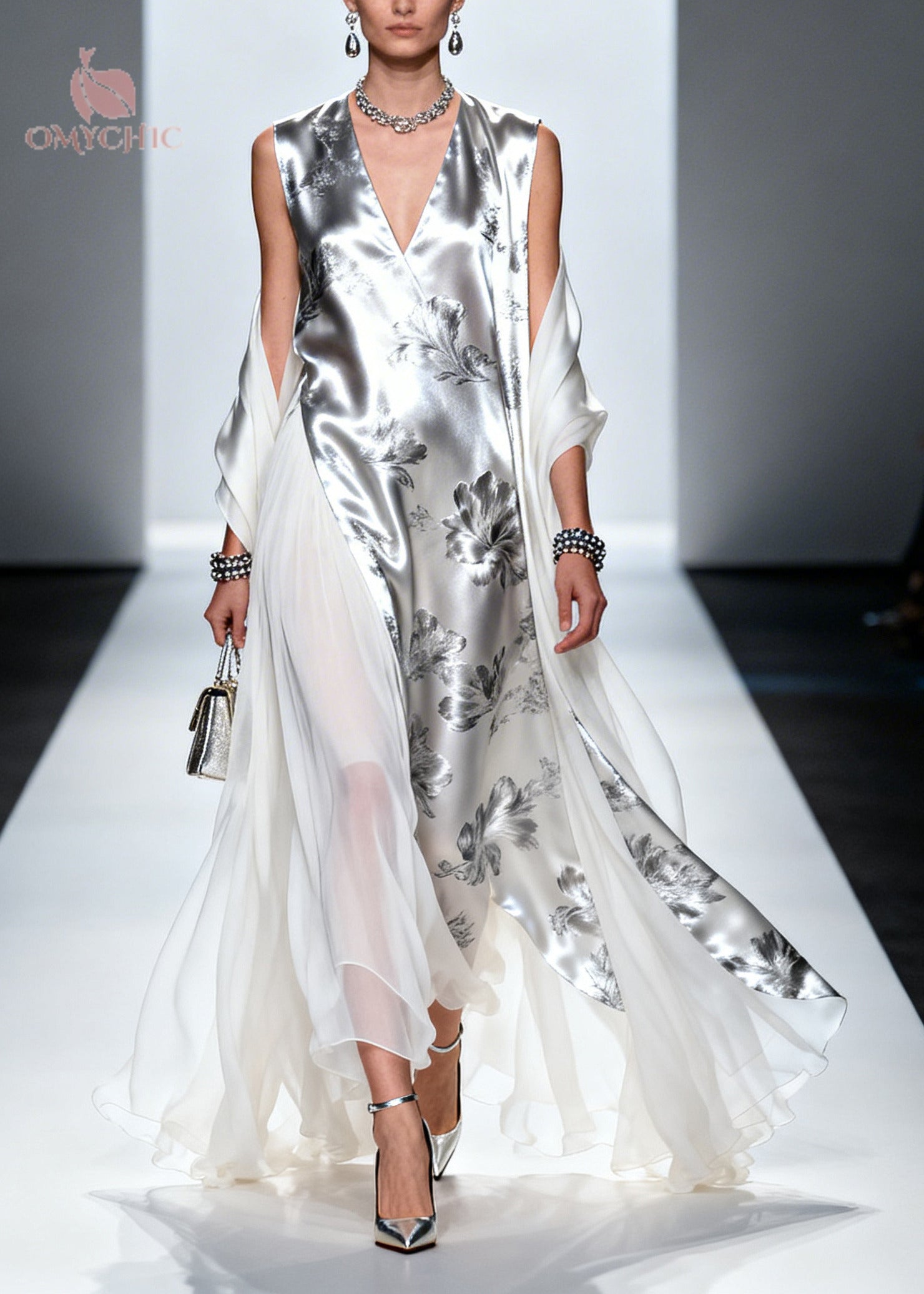 Metallic Floral Print Sleeveless V-Neck Sheer Drape Panel Maxi Gown