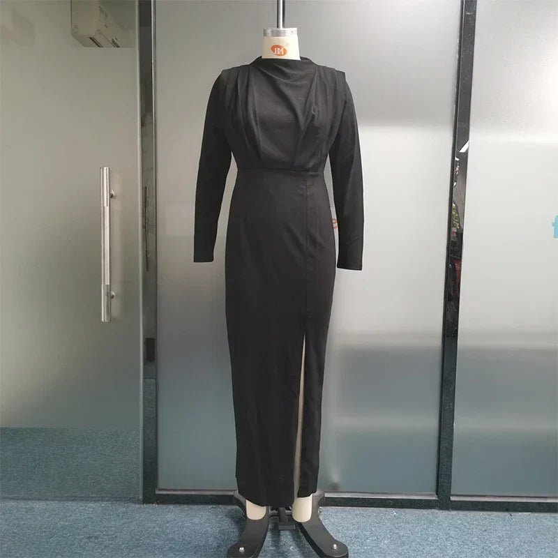 Mock Neck Pleated Padded Shoulder Long Sleeve High Split Maxi Dress 5