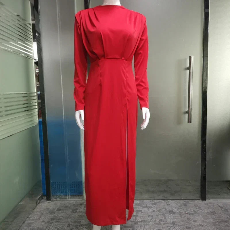 Mock Neck Pleated Padded Shoulder Long Sleeve High Split Maxi Dress 4