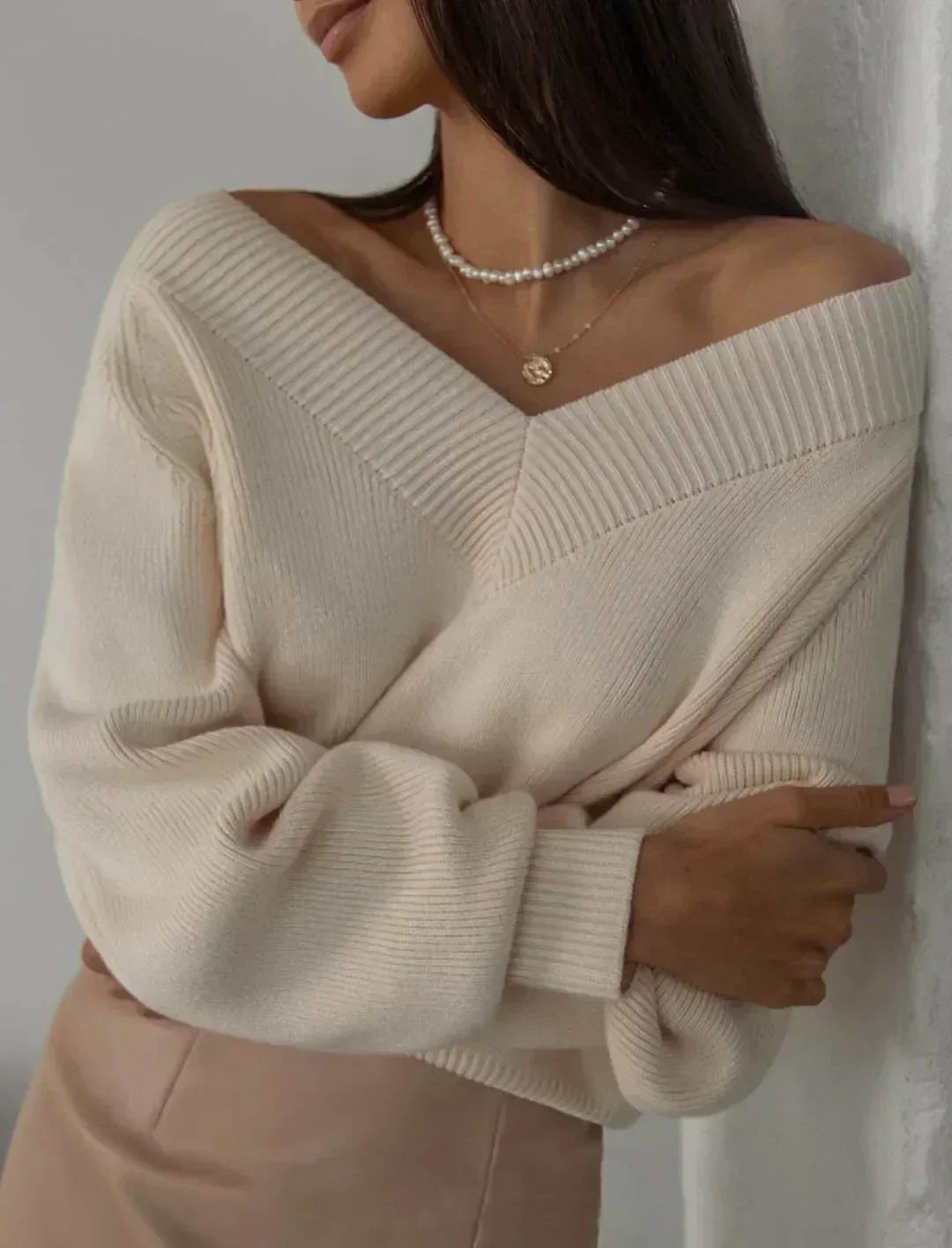 Deep V-Neck Ribbed Knit Long Sleeve Oversized Top