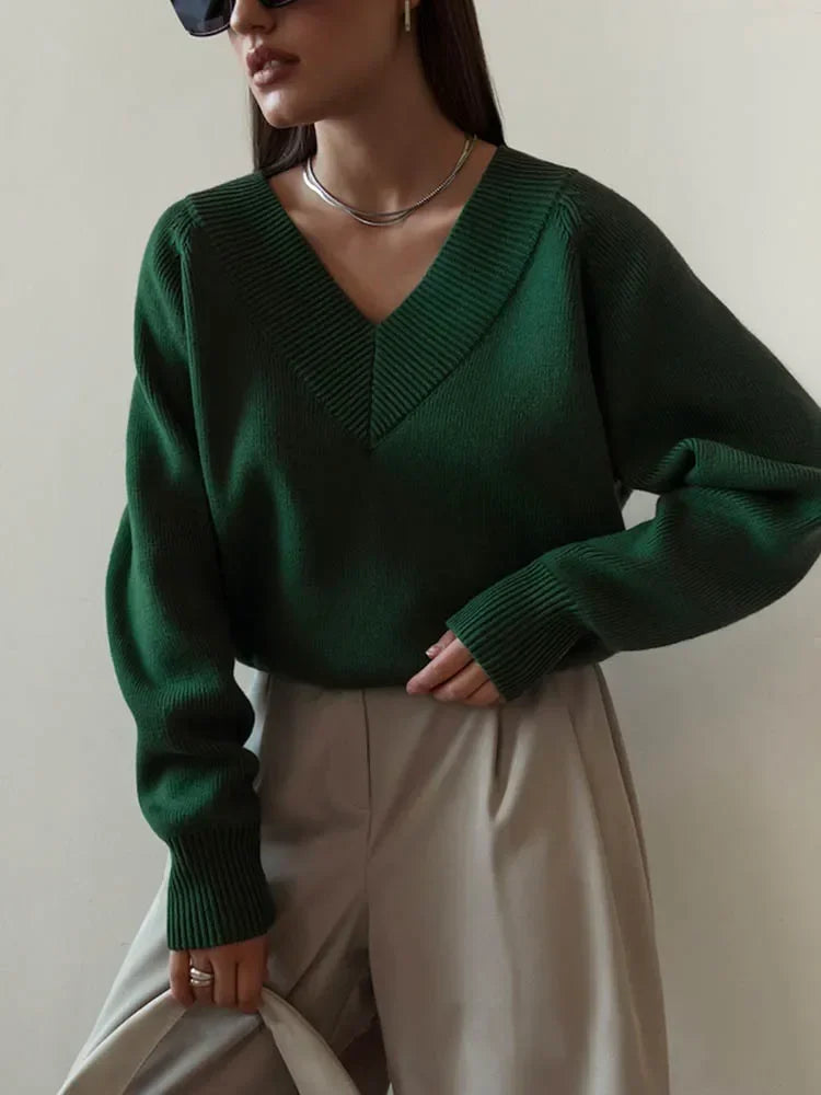 Deep V-Neck Ribbed Knit Long Sleeve Oversized Top