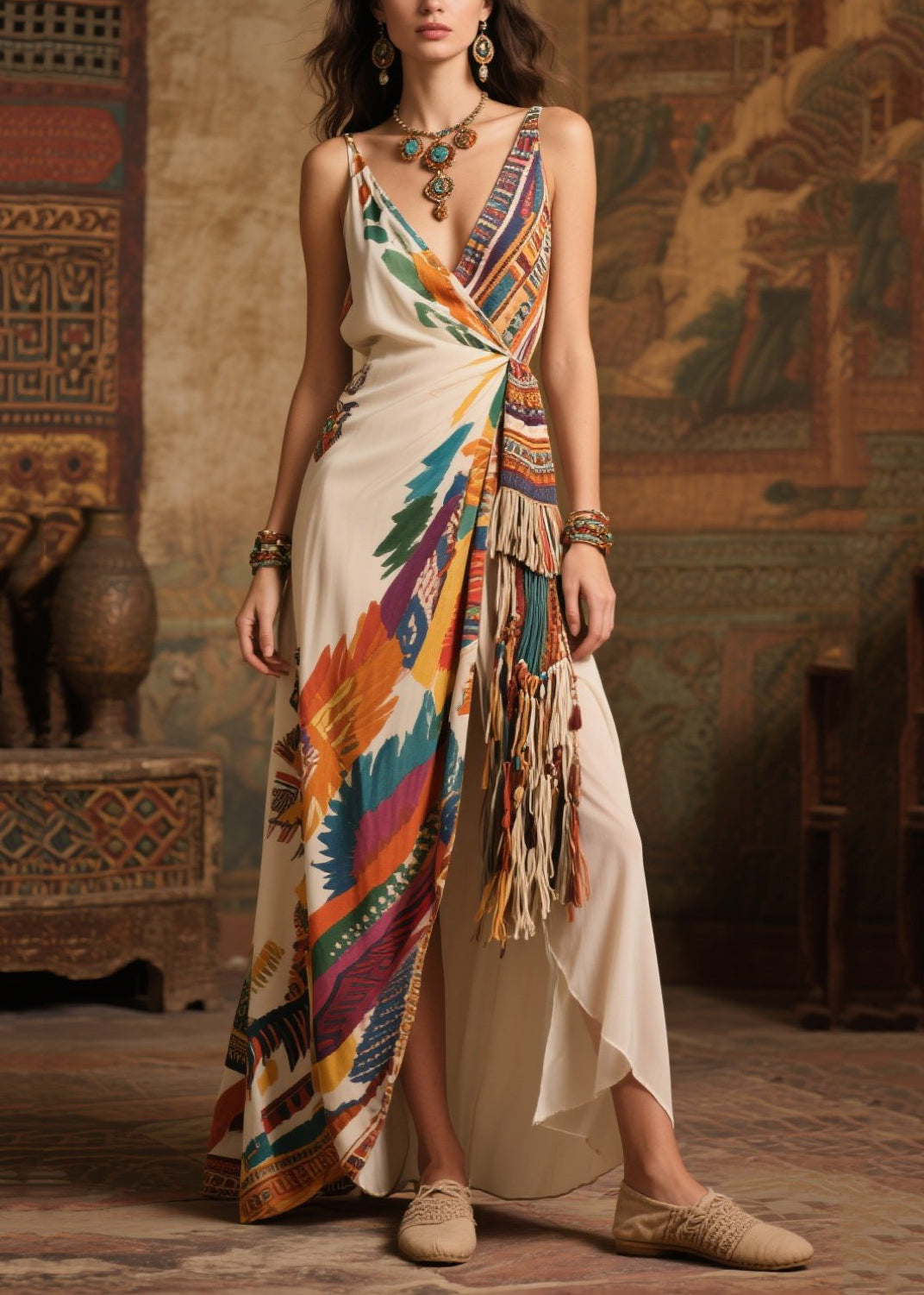 Deep V-Neck Spaghetti Strap Tassel Wrap High Split Satin Maxi Dress