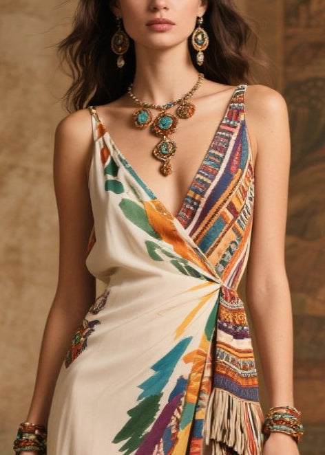Deep V-Neck Spaghetti Strap Tassel Wrap High Split Satin Maxi Dress