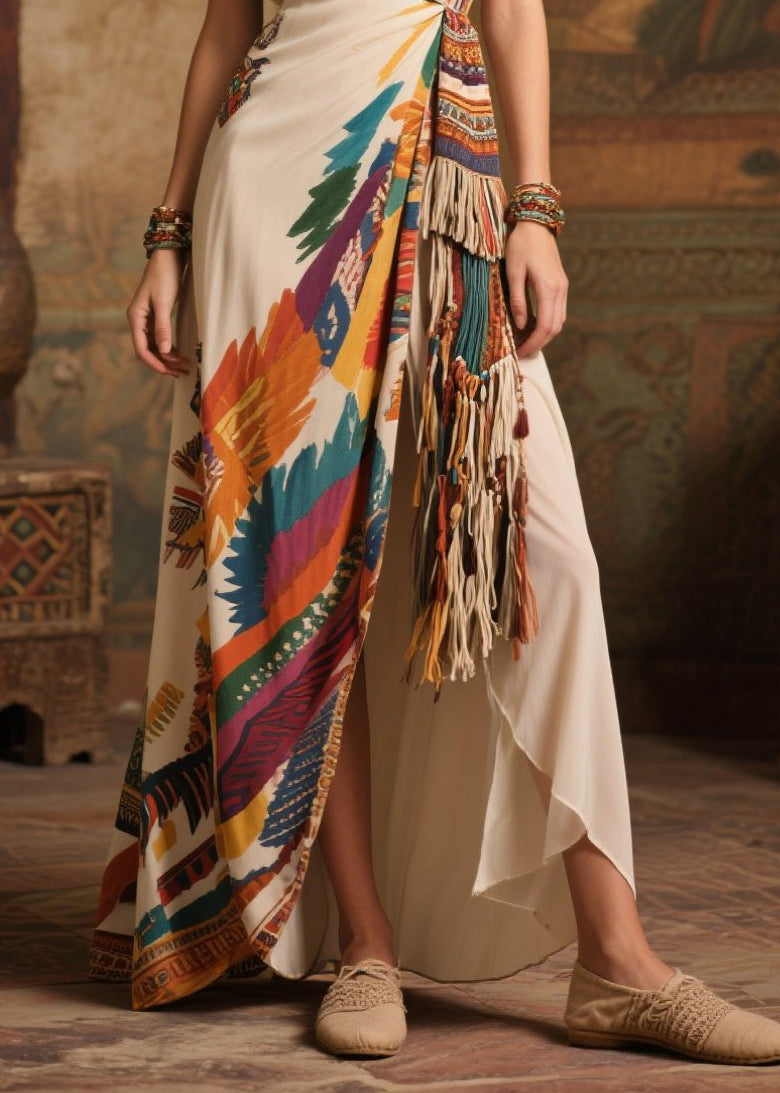 Deep V-Neck Spaghetti Strap Tassel Wrap High Split Satin Maxi Dress