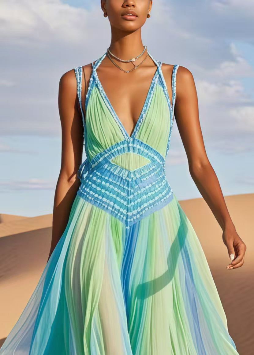 Deep V-Neck Spaghetti Strap Crochet Panel Accordion Pleated Chiffon Maxi Dress