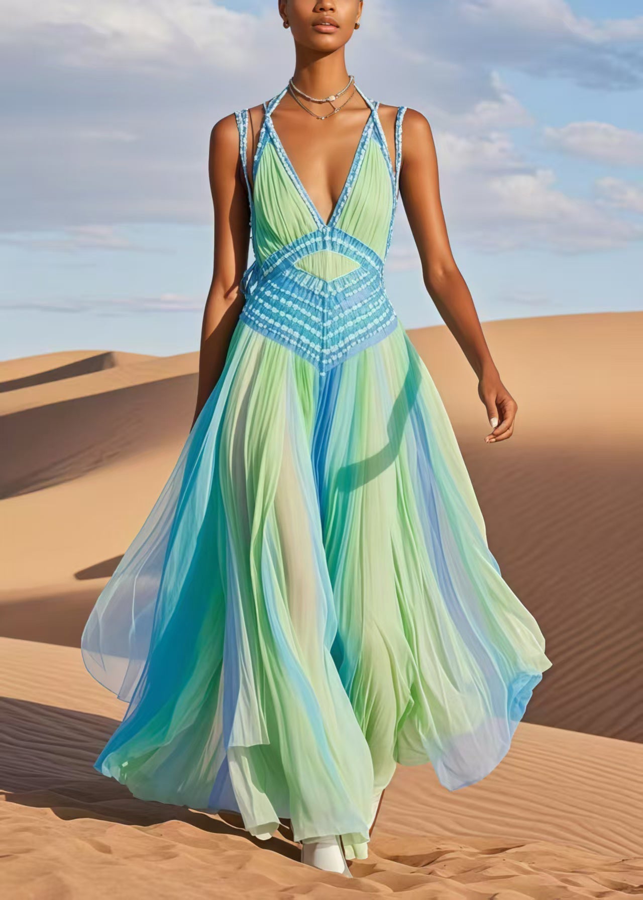 Deep V-Neck Spaghetti Strap Crochet Panel Accordion Pleated Chiffon Maxi Dress