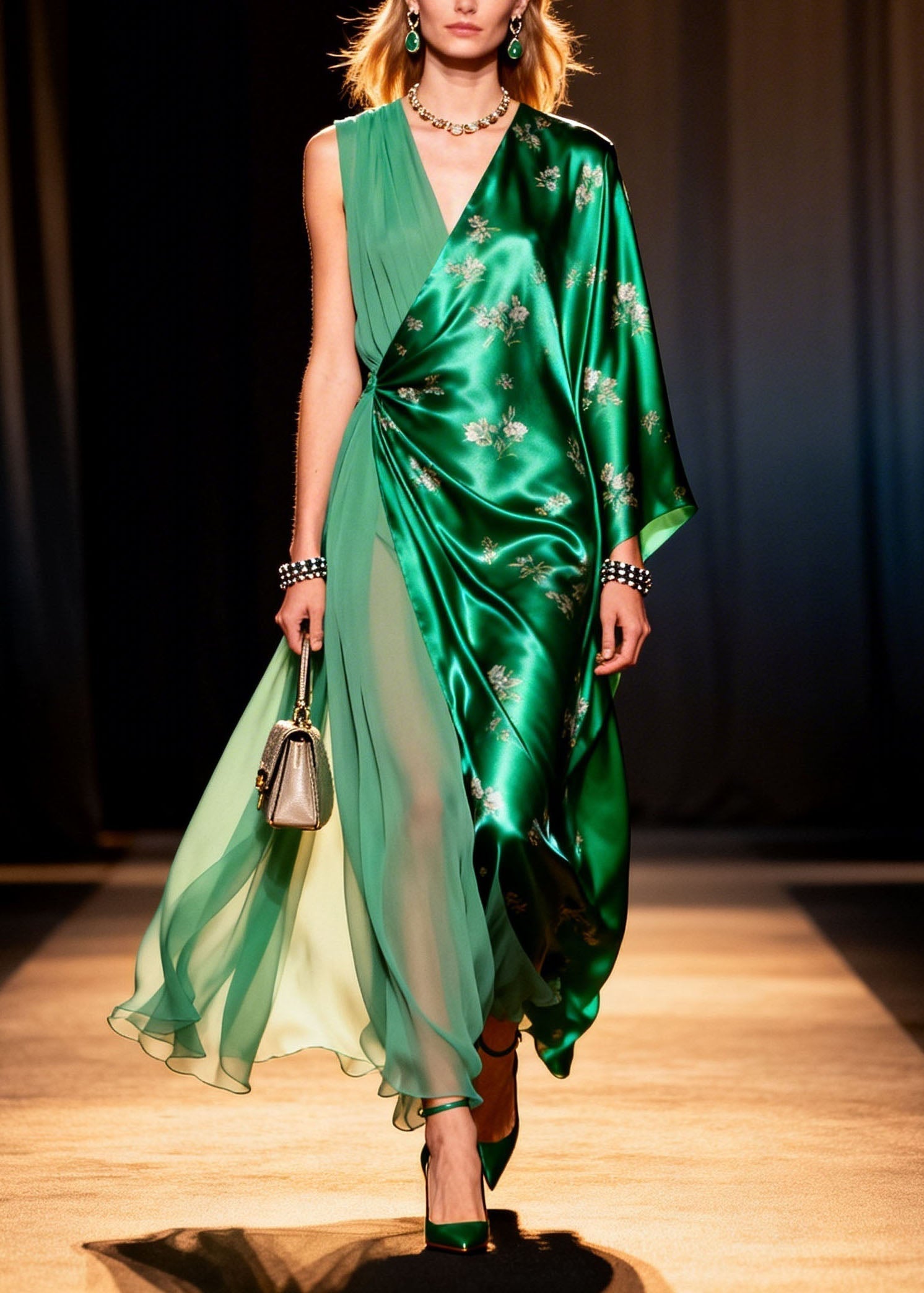 Floral Embroidery Asymmetrical Wrap V-Neck Kimono Sleeve High Split Maxi Gown