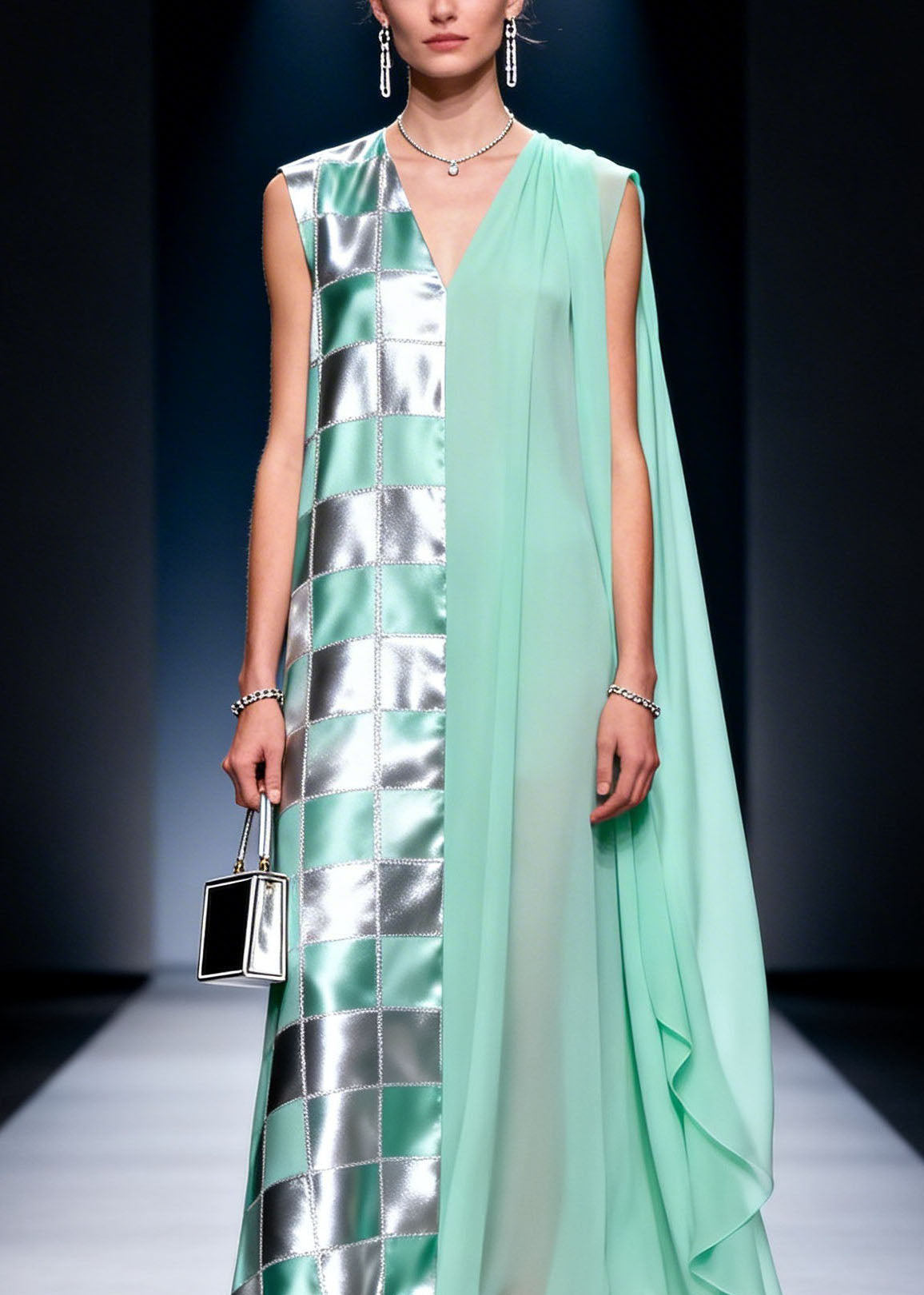 Chiffon Deep V-Neck Checkered Metallic Panel Sheer Cape Drape Maxi Gown