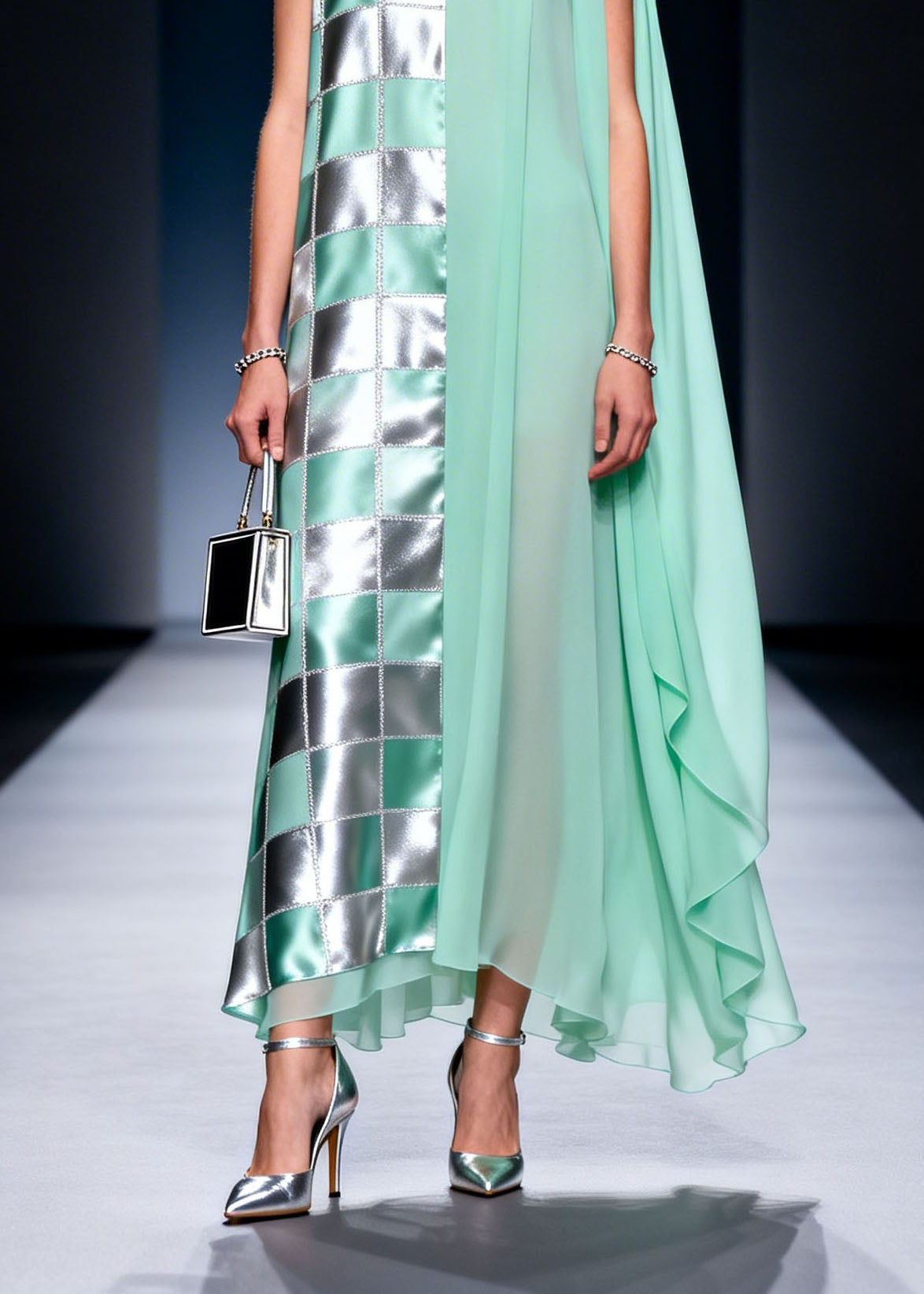 Chiffon Deep V-Neck Checkered Metallic Panel Sheer Cape Drape Maxi Gown