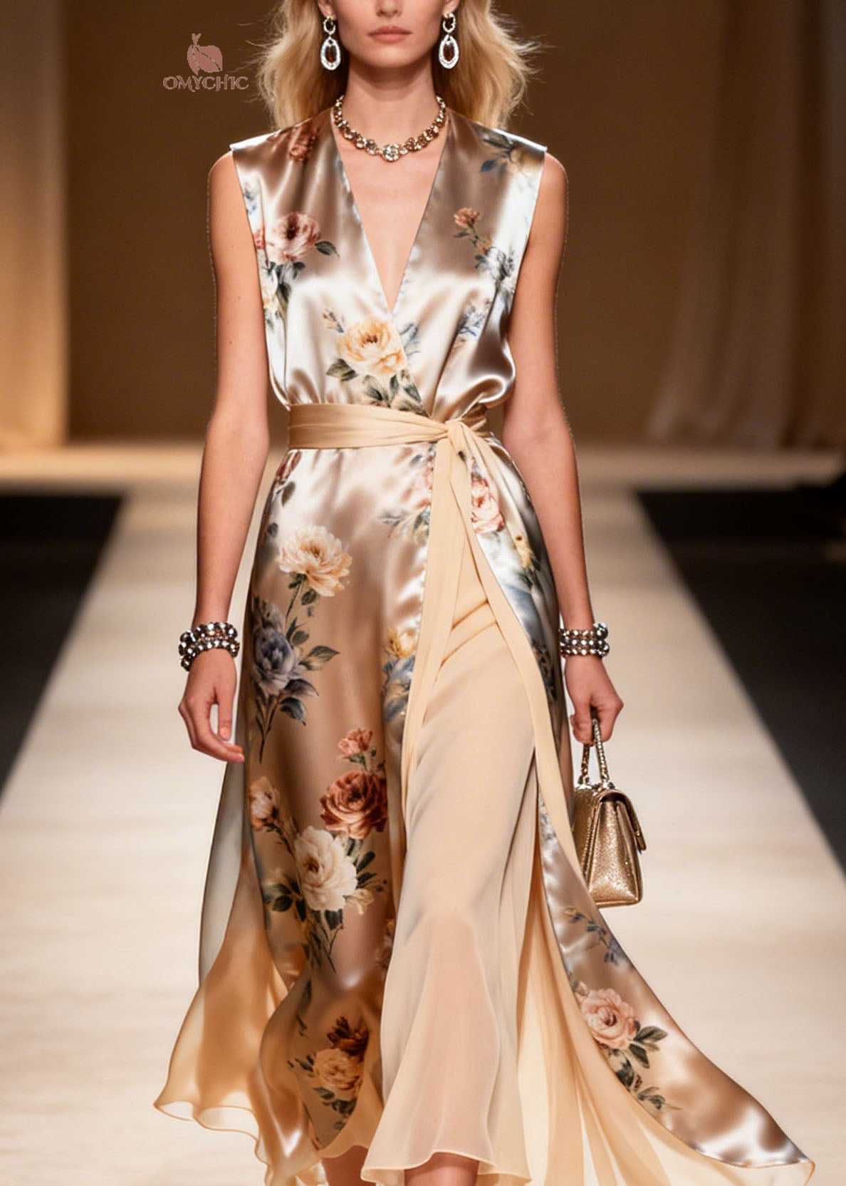 Satin Floral Print Wrap V-Neck Belted High Split Asymmetrical Hem Maxi Dress