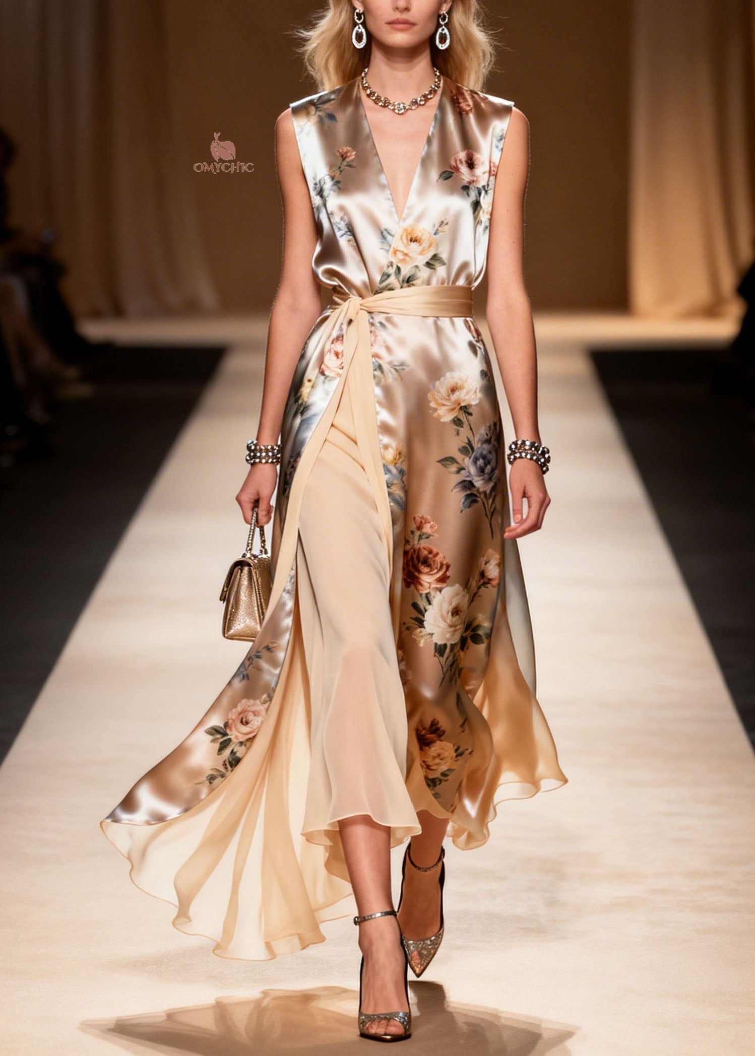 Satin Floral Print Wrap V-Neck Belted High Split Asymmetrical Hem Maxi Dress