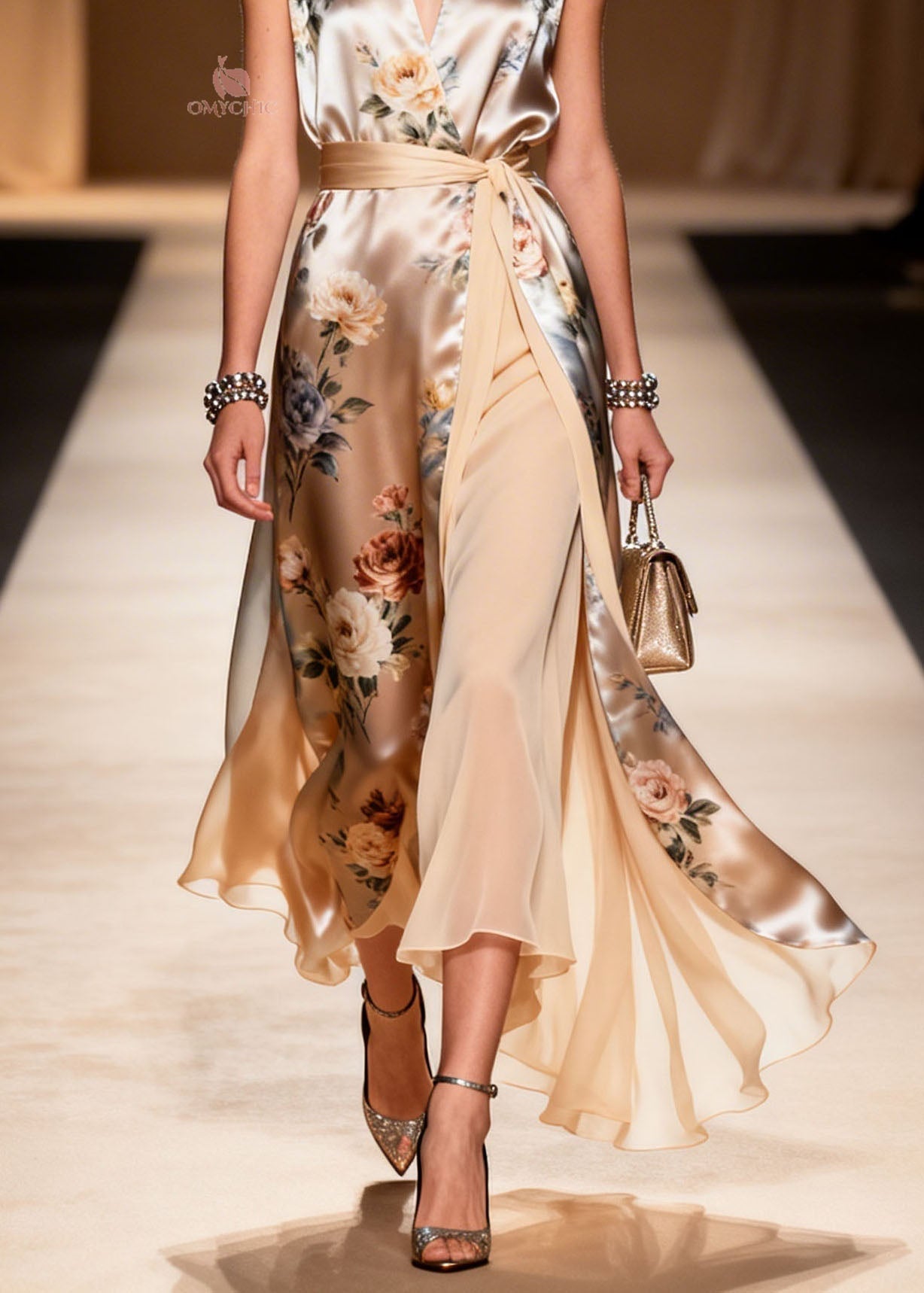 Satin Floral Print Wrap V-Neck Belted High Split Asymmetrical Hem Maxi Dress
