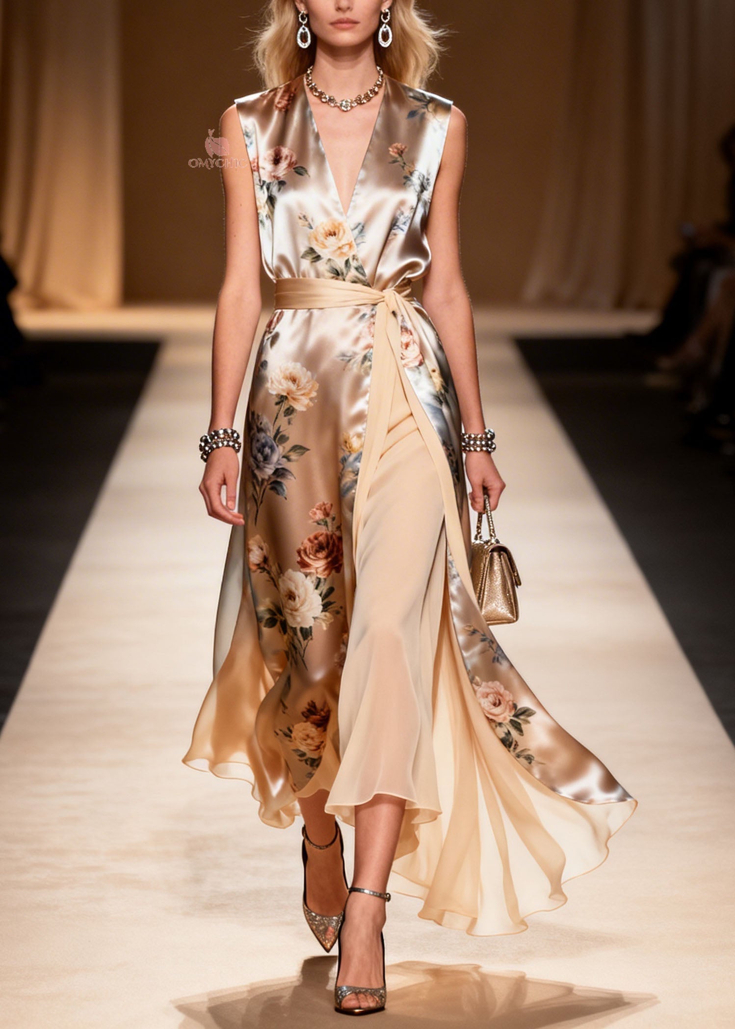 Satin Floral Print Wrap V-Neck Belted High Split Asymmetrical Hem Maxi Dress