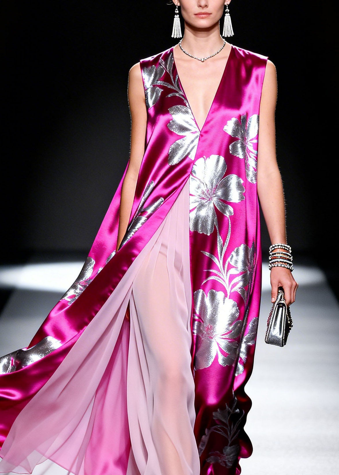 Satin Floral Print Deep V-Neck High Split Pleated Overlay Maxi Gown
