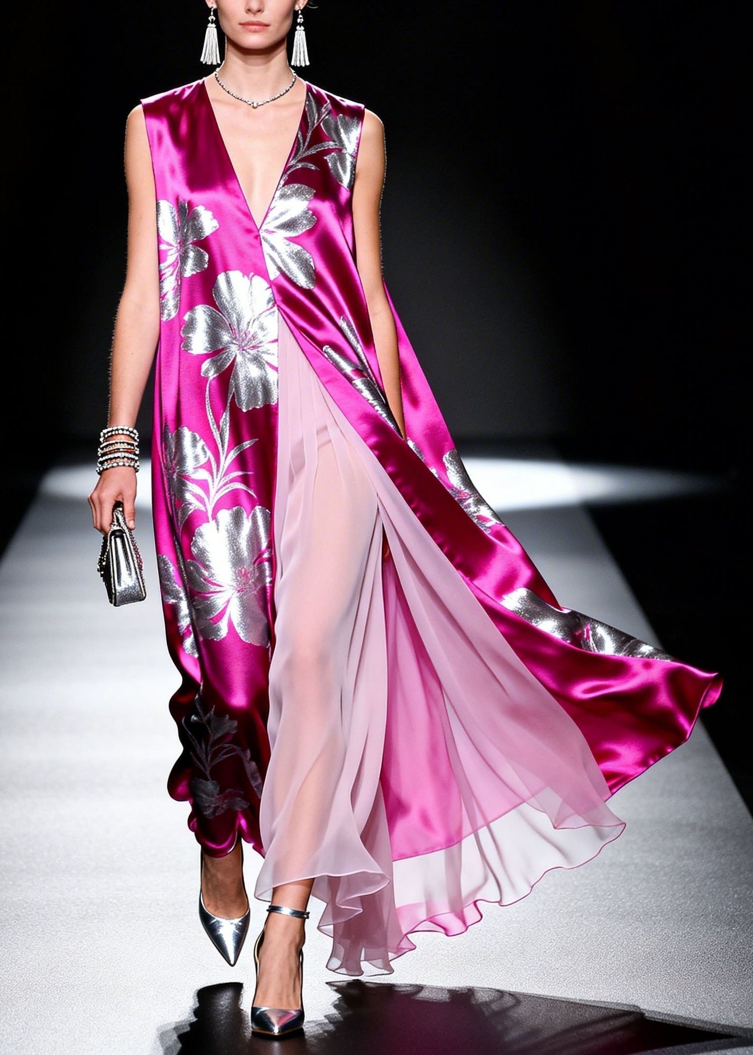 Satin Floral Print Deep V-Neck High Split Pleated Overlay Maxi Gown