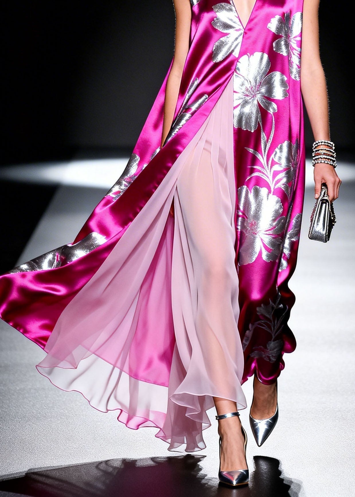 Satin Floral Print Deep V-Neck High Split Pleated Overlay Maxi Gown