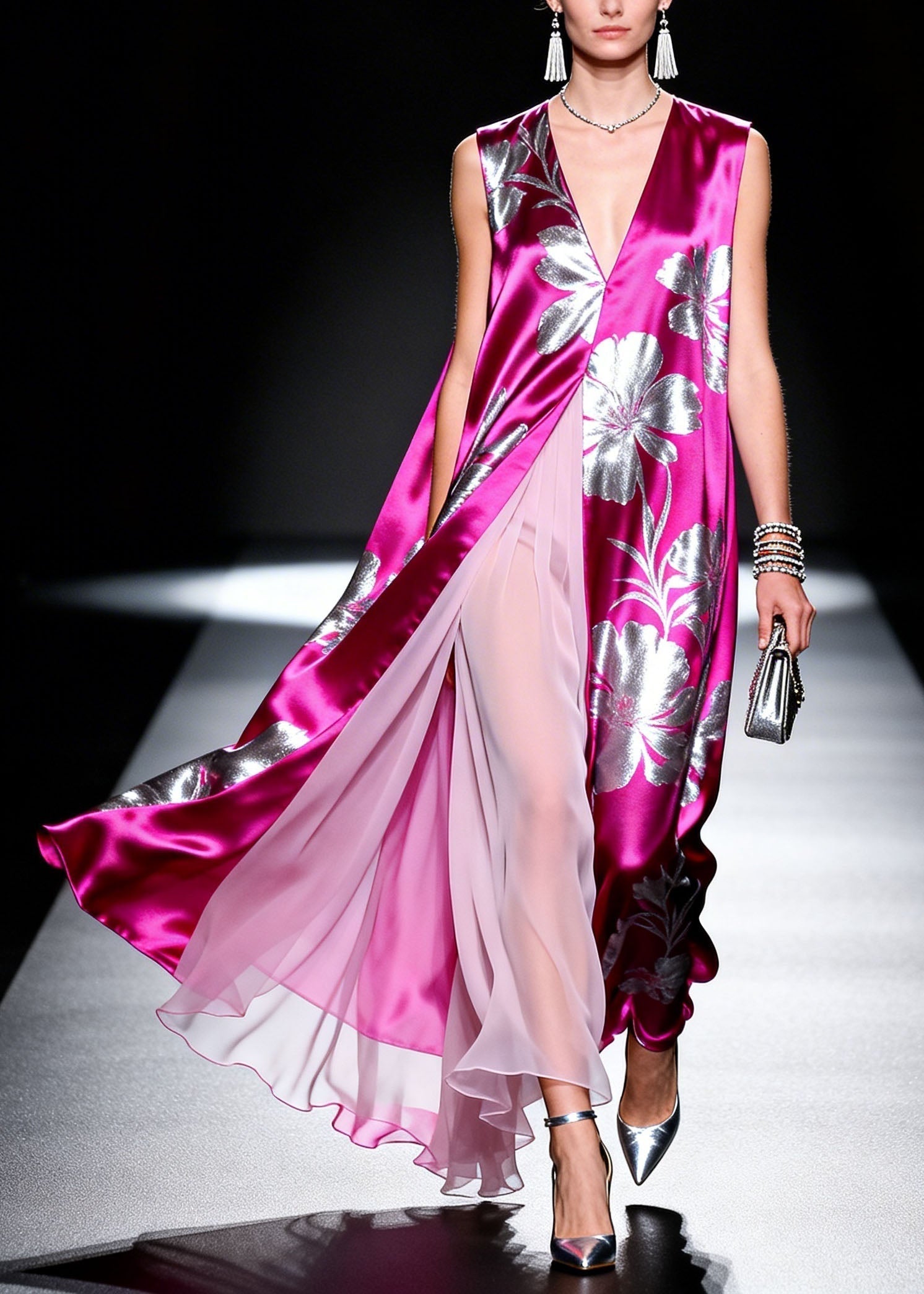 Satin Floral Print Deep V-Neck High Split Pleated Overlay Maxi Gown