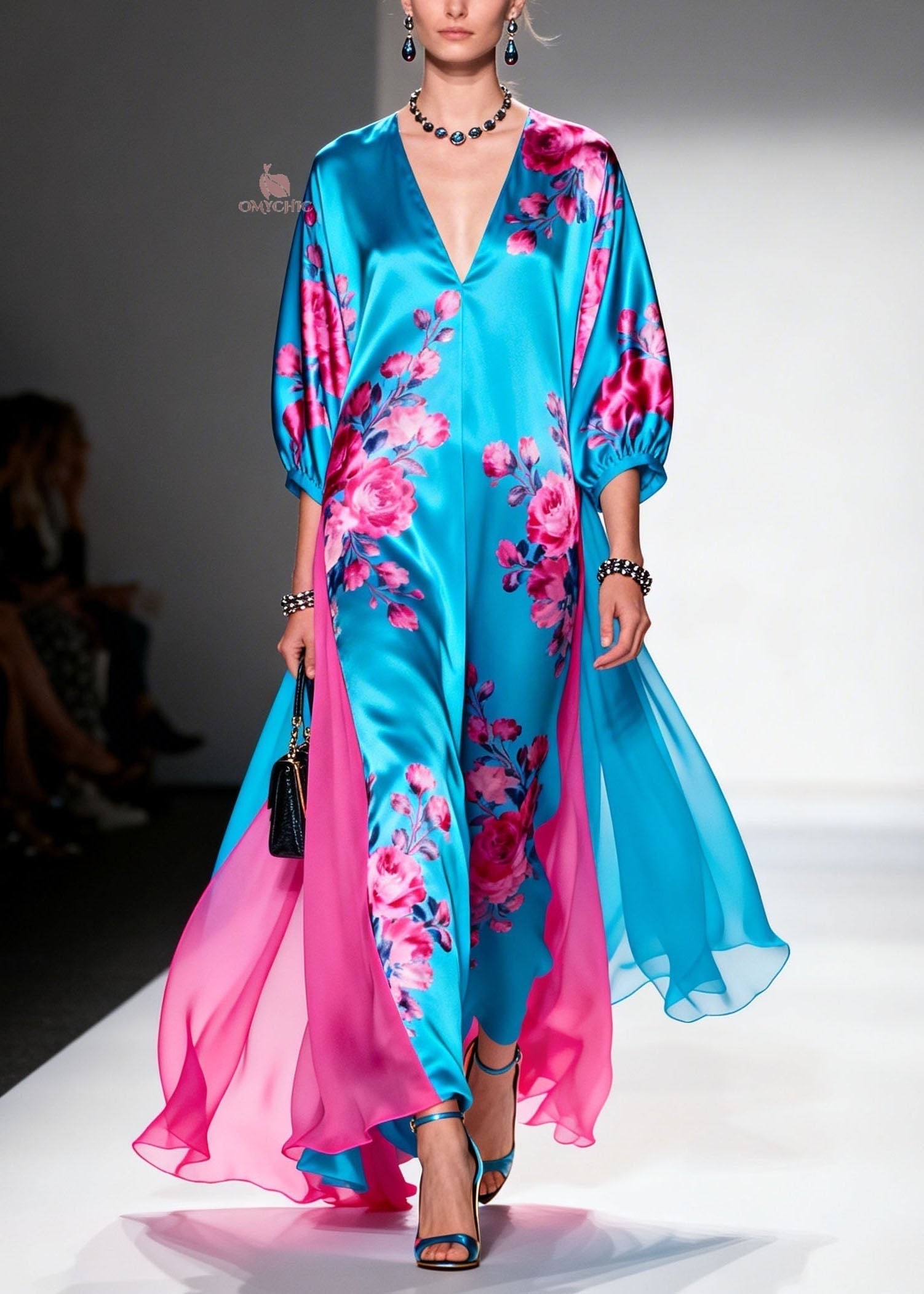 Floral Print V-Neck Bishop Sleeve Chiffon Panel Wide Leg Jumpsuit