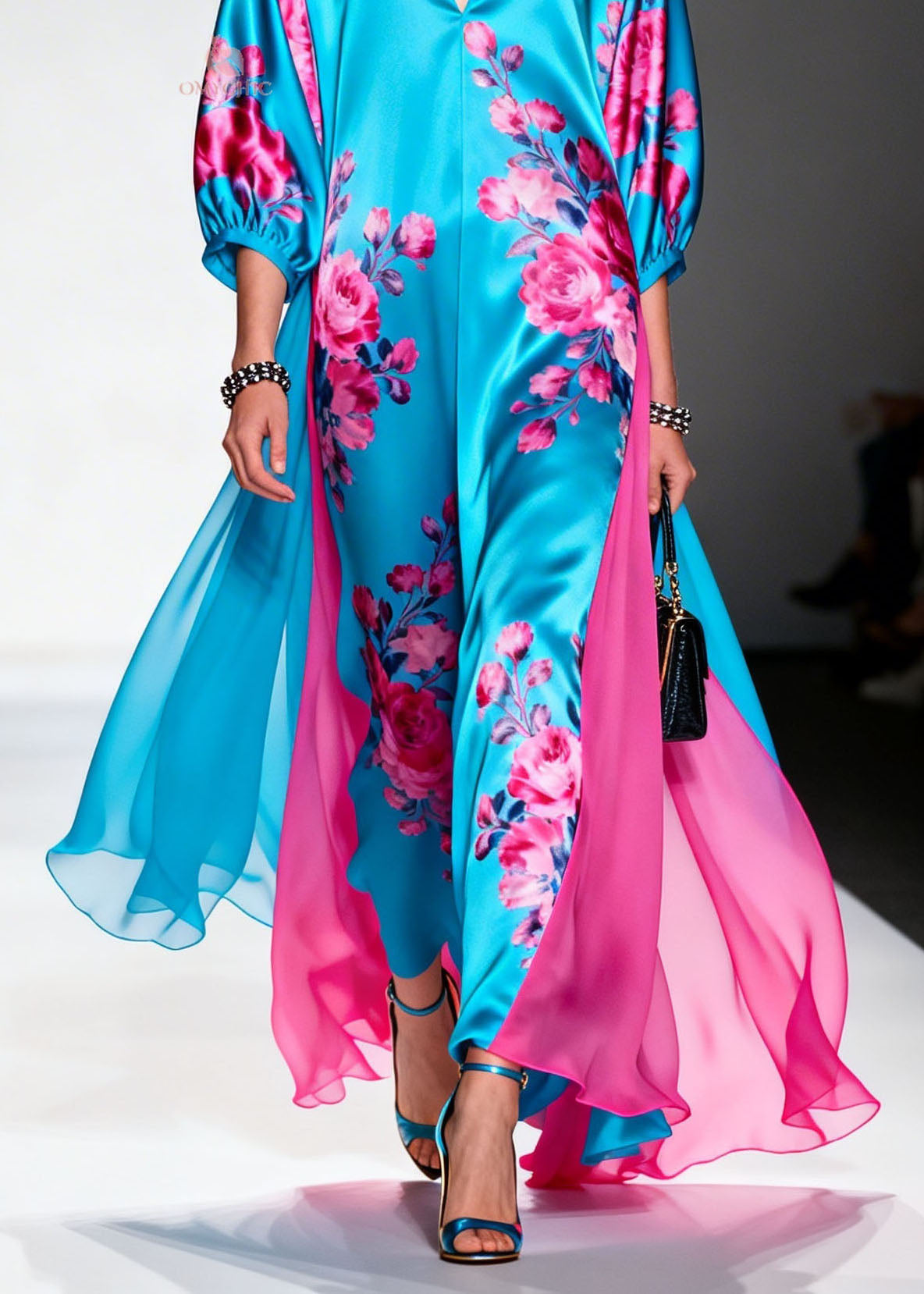 Floral Print V-Neck Bishop Sleeve Chiffon Panel Wide Leg Jumpsuit