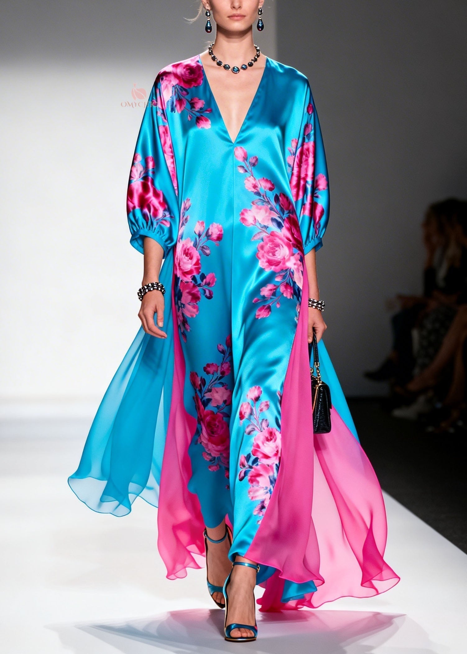 Floral Print V-Neck Bishop Sleeve Chiffon Panel Wide Leg Jumpsuit