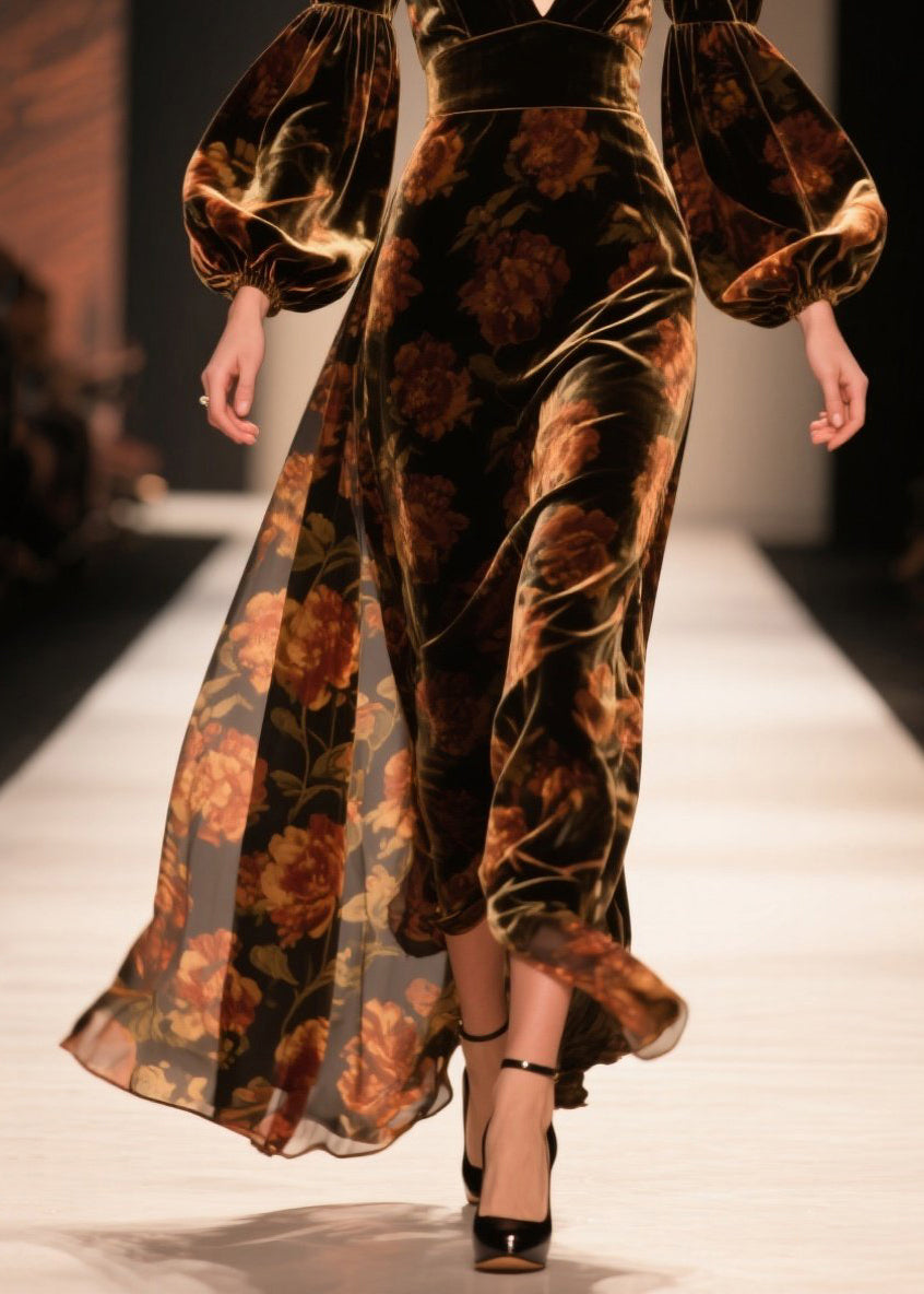Velvet Deep V-Neck Bishop Sleeve Empire Waist Maxi Gown