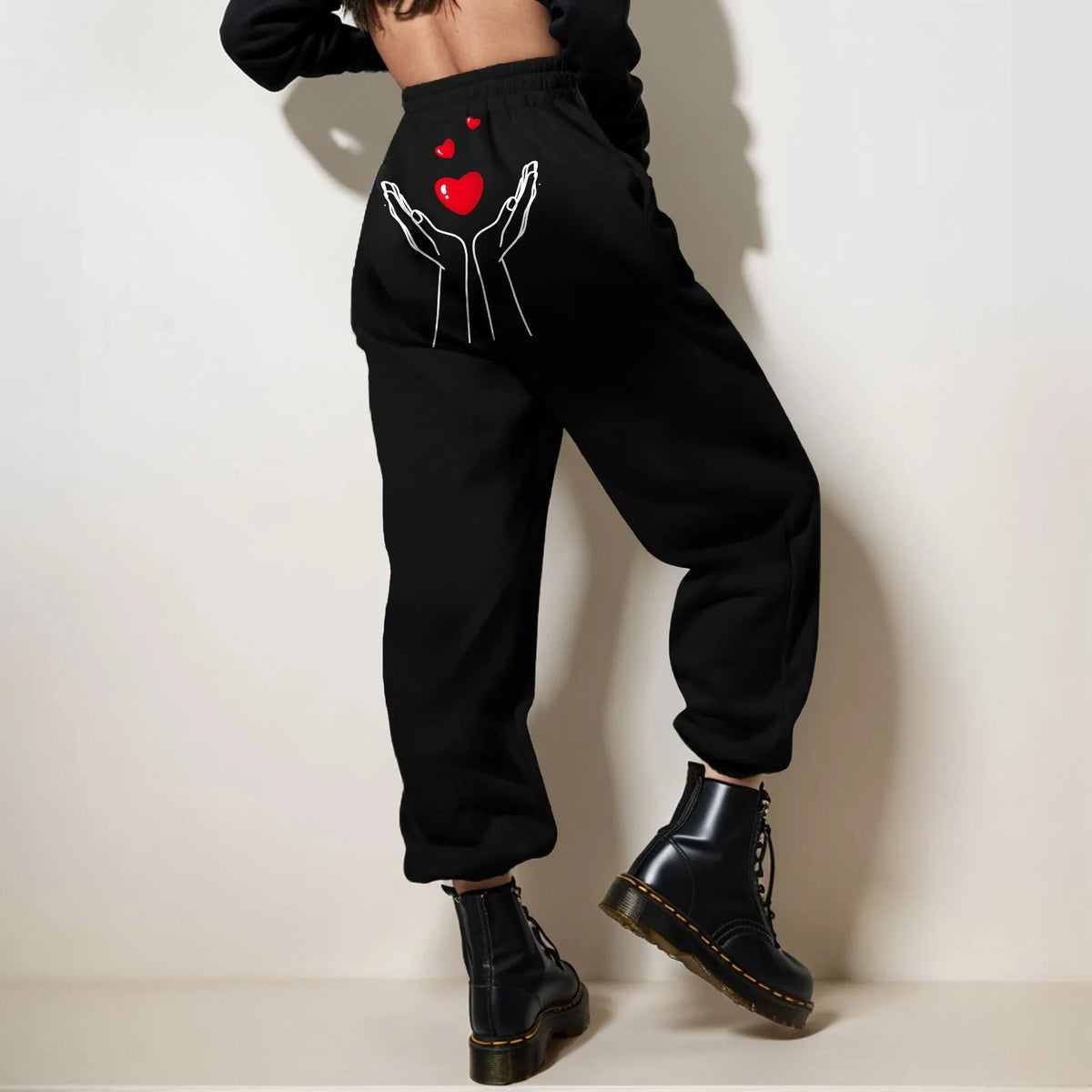 Heartbeat Heart Graphic Back Print Elastic Cuff Fleece Jogger Pants 3