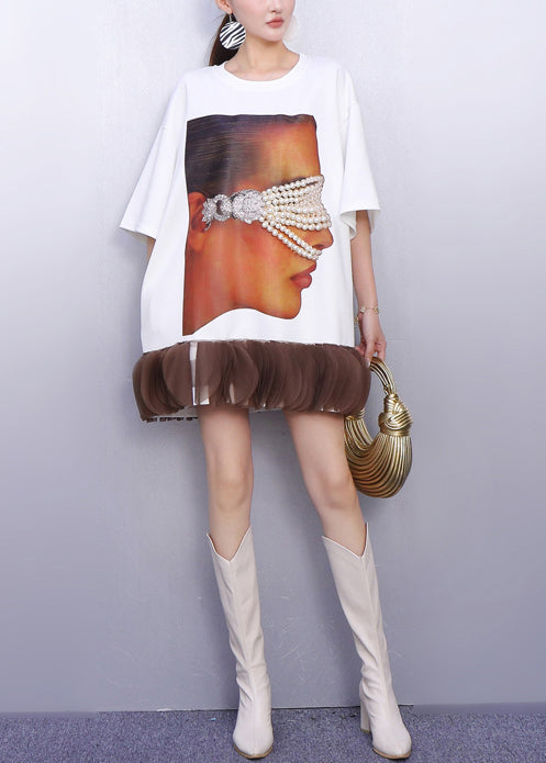 Oversized Crew Neck Short Sleeve Mesh Bubble Ruffle Hem Mini Dress