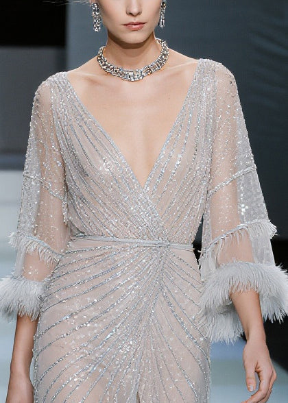 Sequin Deep V-Neck Feather Cuff Long Sleeve Wrap Ruffle Midi Dress