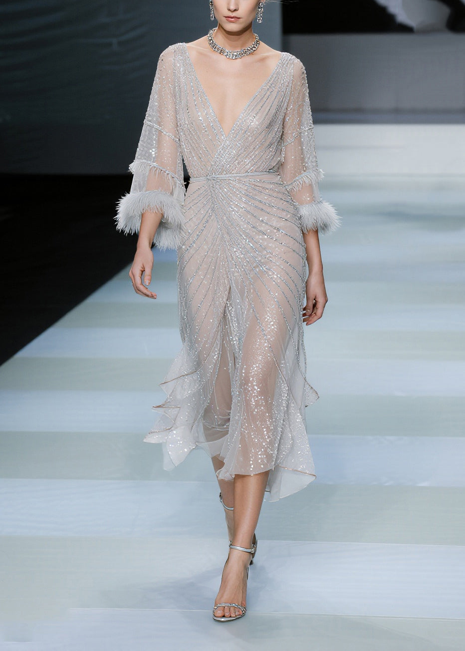 Sequin Deep V-Neck Feather Cuff Long Sleeve Wrap Ruffle Midi Dress