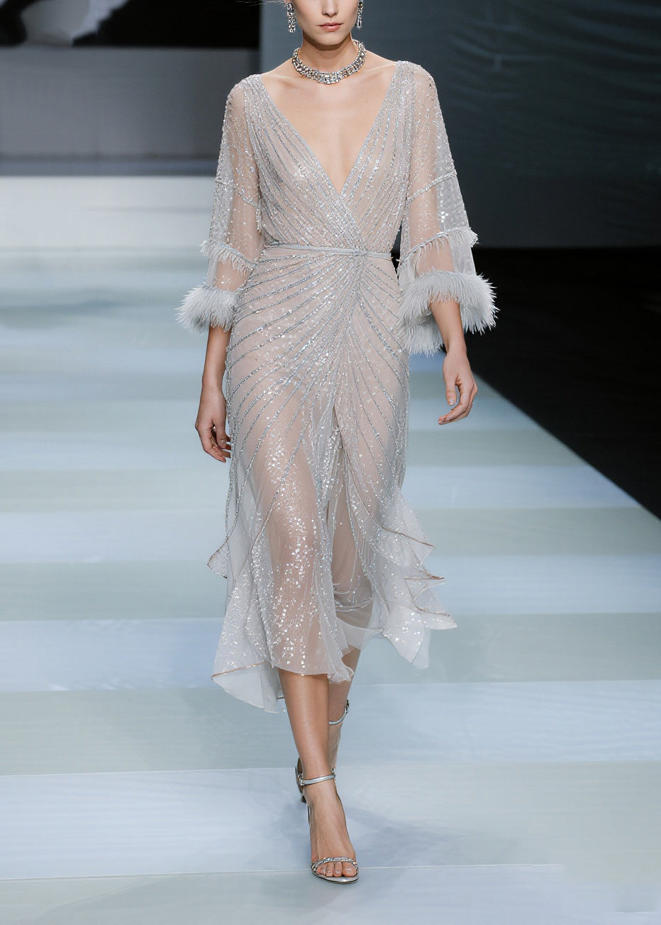 Sequin Deep V-Neck Feather Cuff Long Sleeve Wrap Ruffle Midi Dress