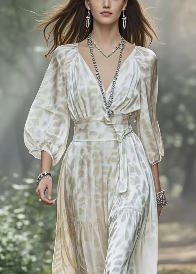 Deep V-Neck Lantern Sleeve Belted High Split Chiffon Maxi Dress