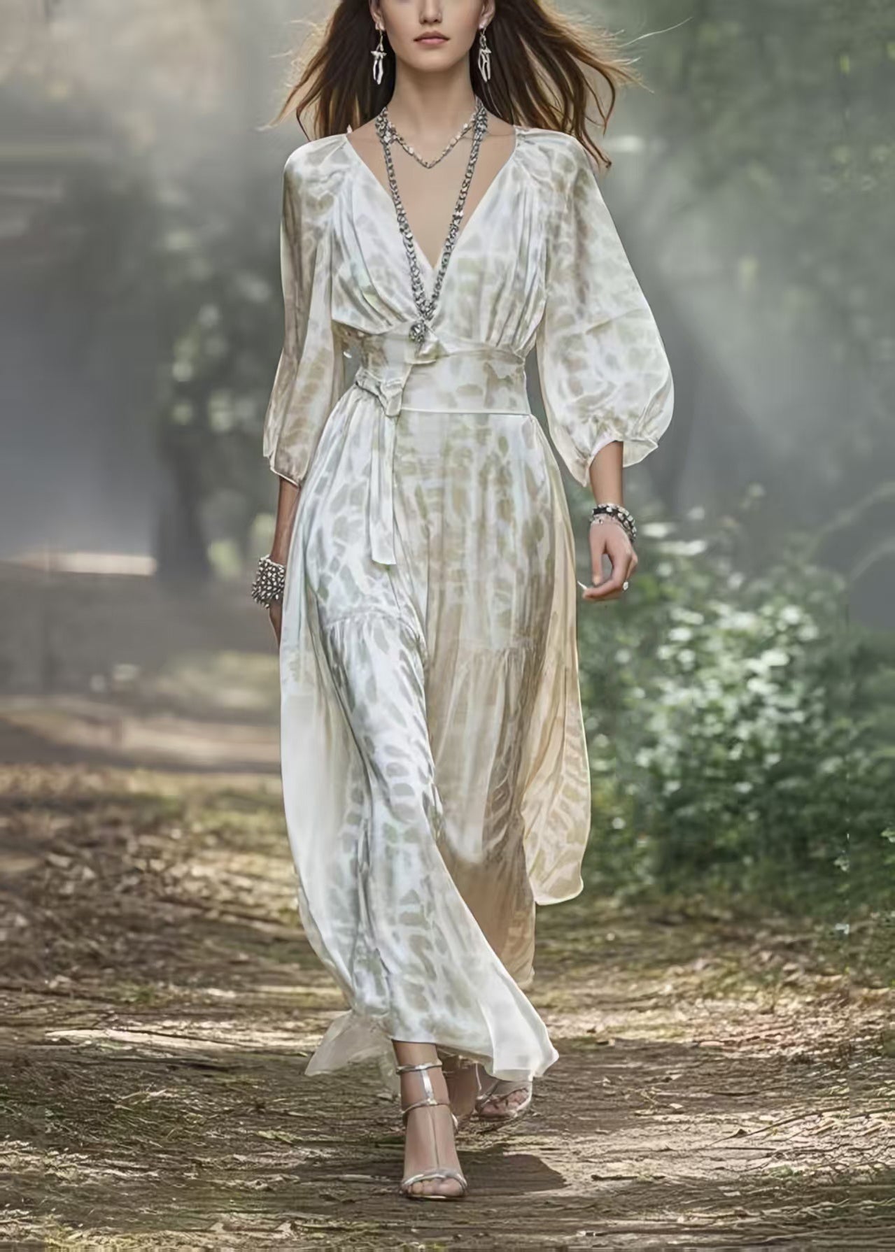Deep V-Neck Lantern Sleeve Belted High Split Chiffon Maxi Dress