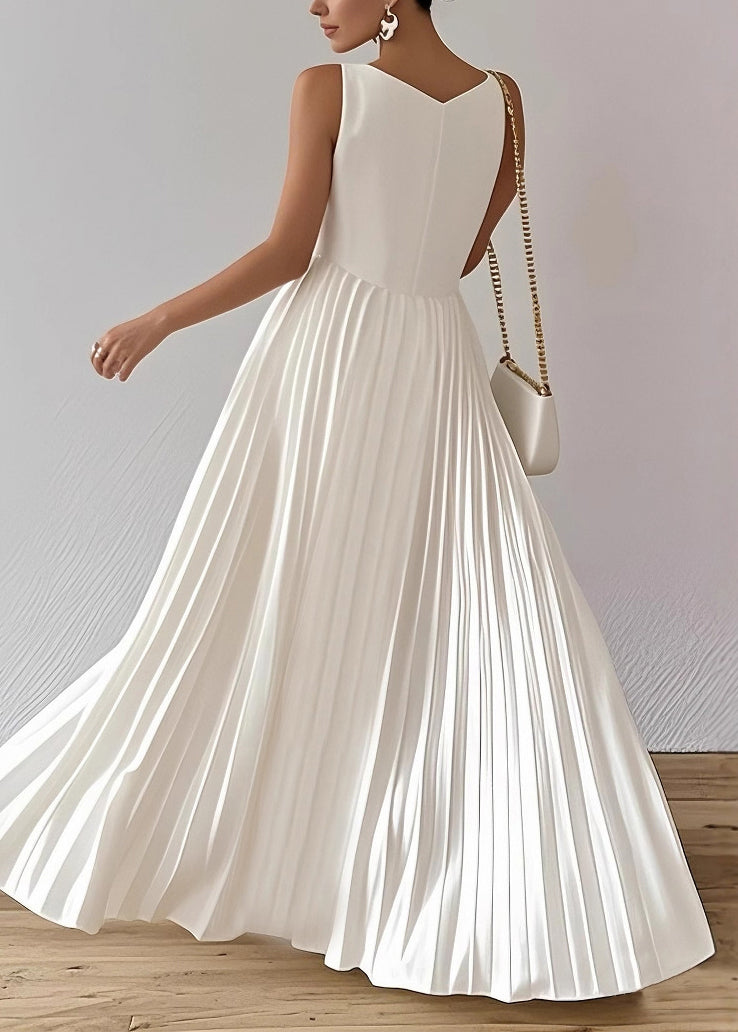 Sleeveless Notched V-Neck Sunray Pleated Side Panel Fit and Flare Maxi Gown