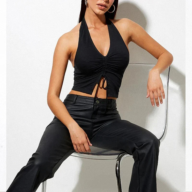 Fashion Women Lace Up Halter Black Sleeveless Drawstring Slim Fit Crop Club Camis Streetwear Tank Top