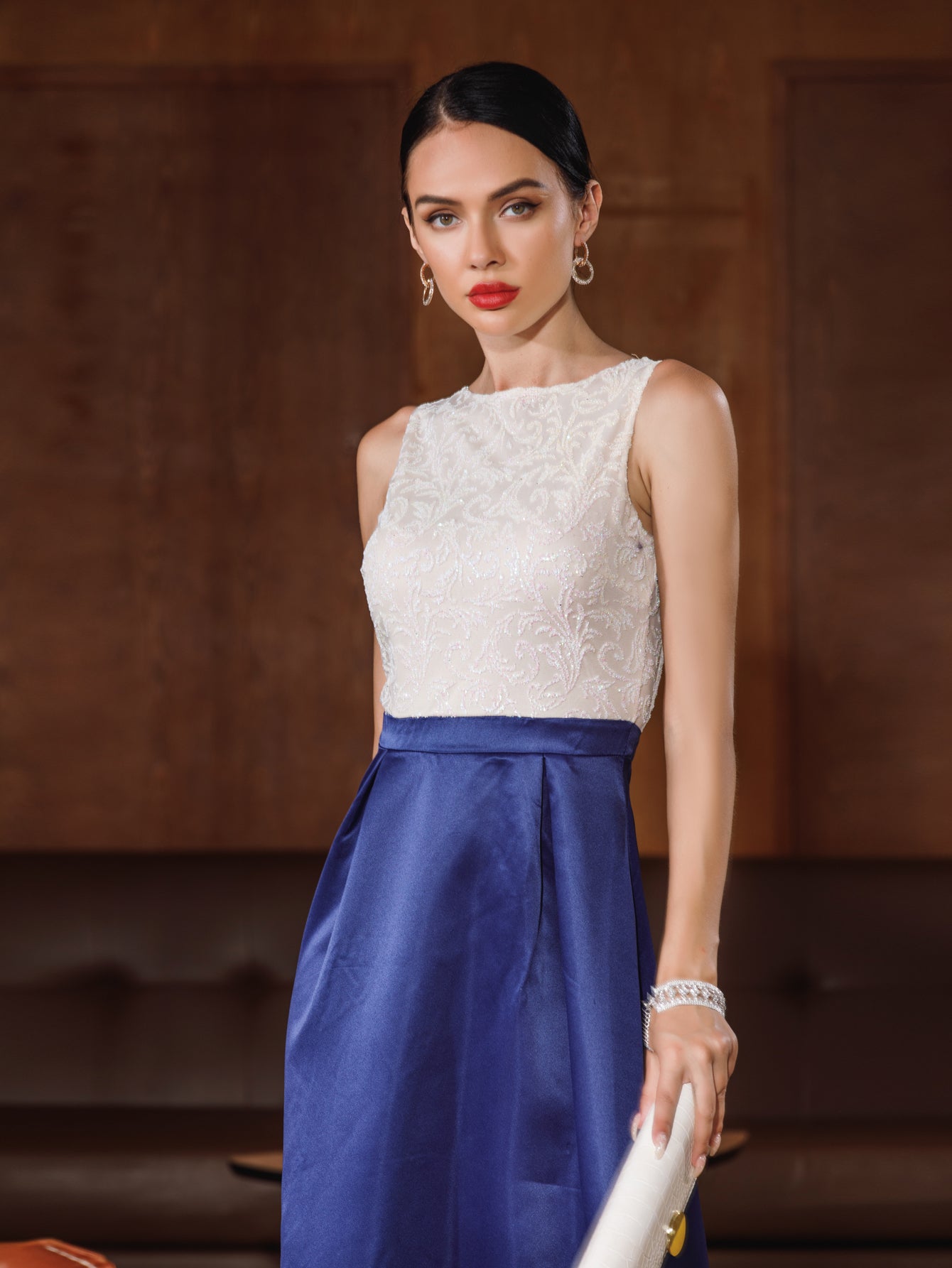 Sleeveless High Neck Lace Bodice Gathered Waist A-Line Maxi Gown