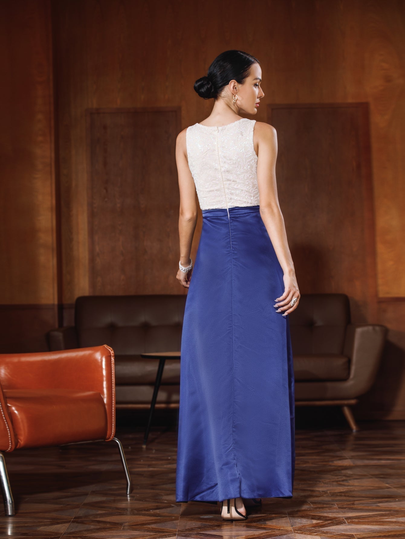 Sleeveless High Neck Lace Bodice Gathered Waist A-Line Maxi Gown