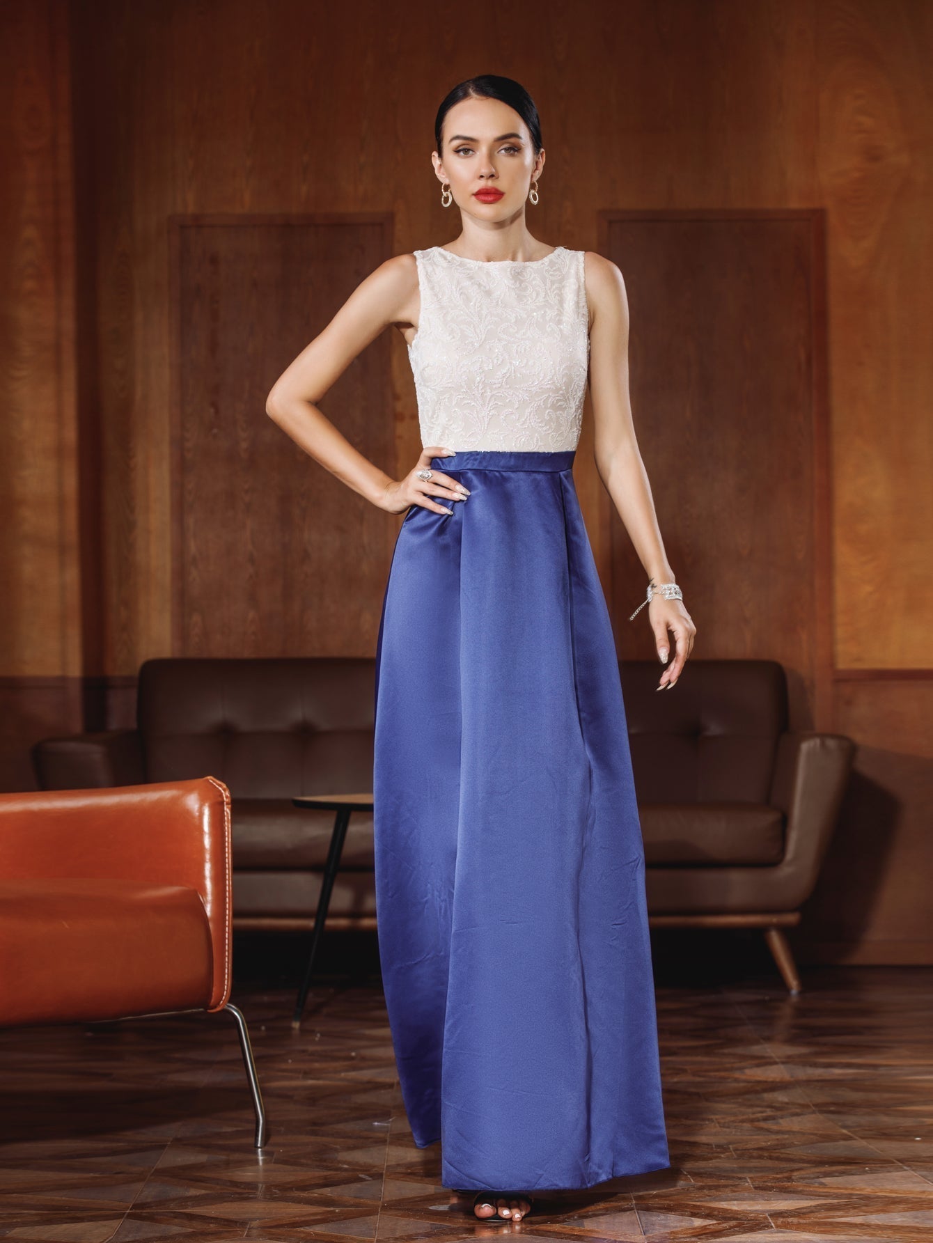 Sleeveless High Neck Lace Bodice Gathered Waist A-Line Maxi Gown