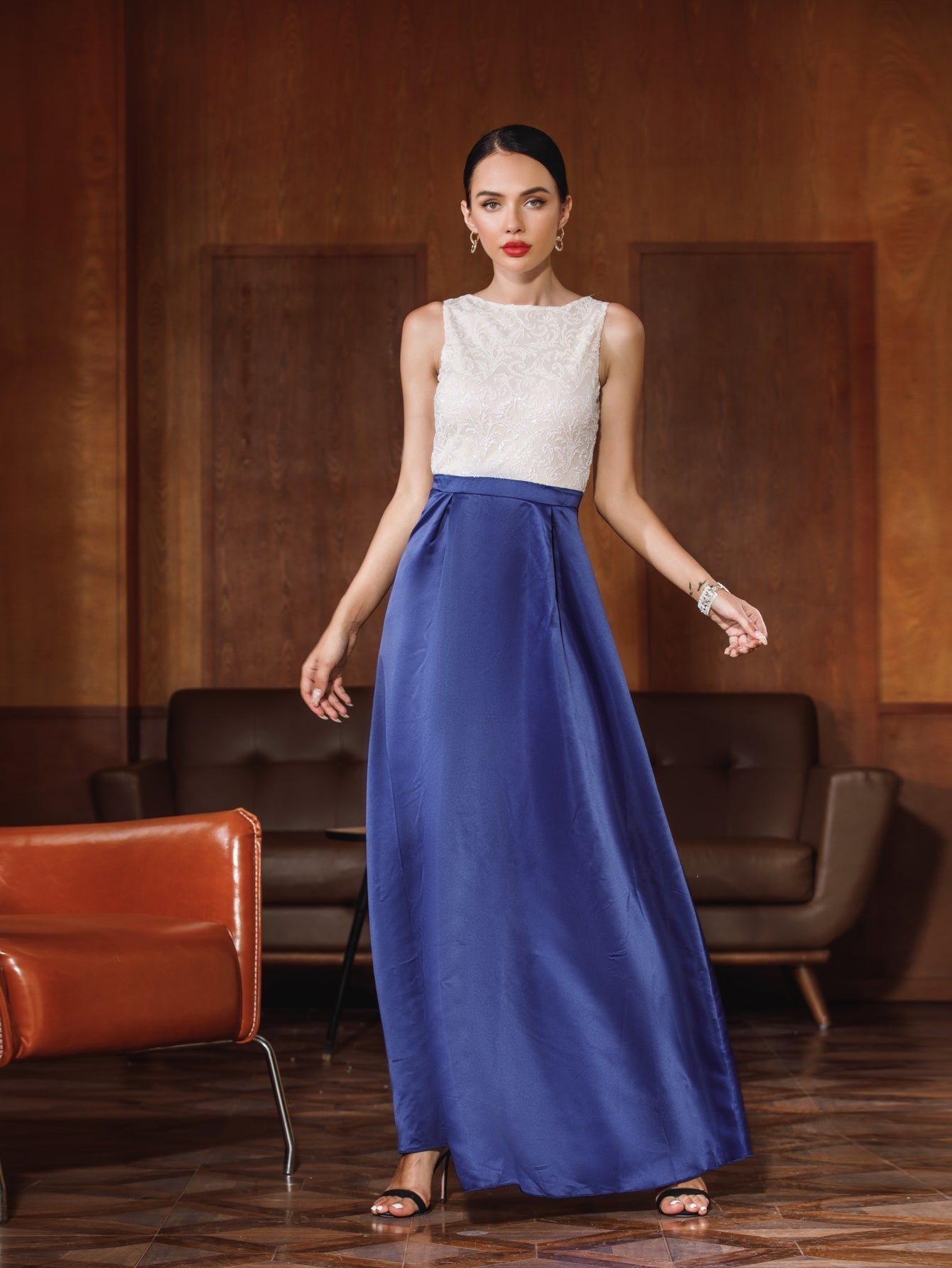 Sleeveless High Neck Lace Bodice Gathered Waist A-Line Maxi Gown