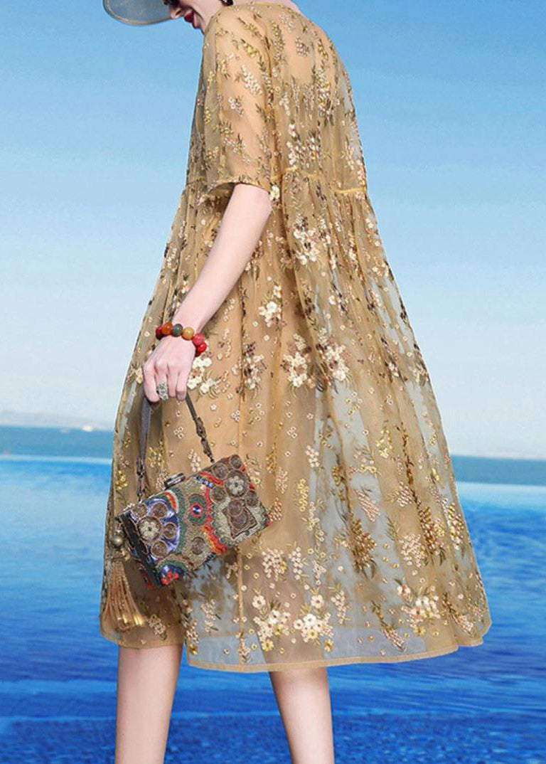 Floral Embroidery Mesh Overlay Round Neck Short Sleeve Empire Waist A-Line Midi Dress